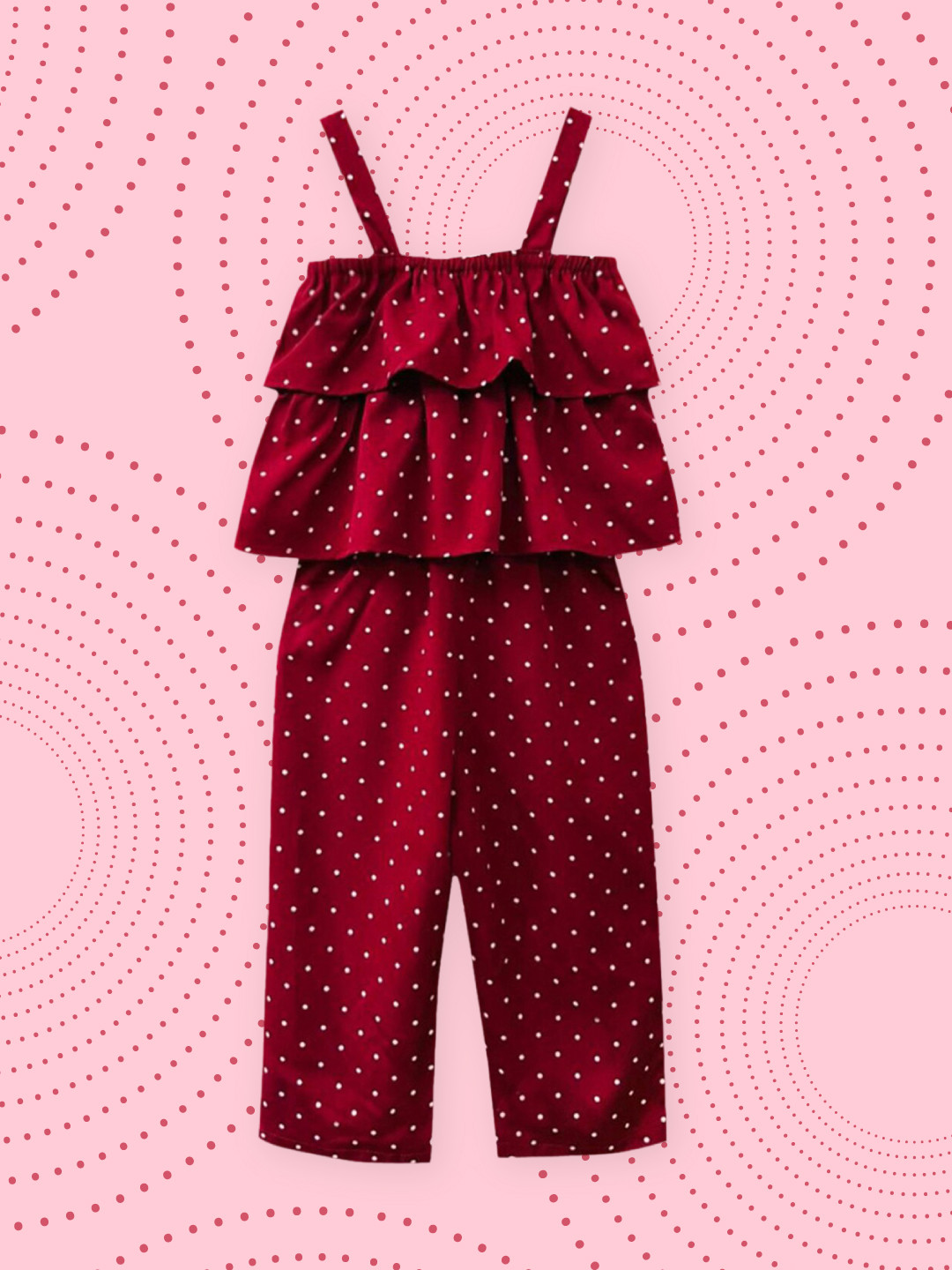 

A.T.U.N. Girls Maroon & White Polka Dots Printed Jumpsuit