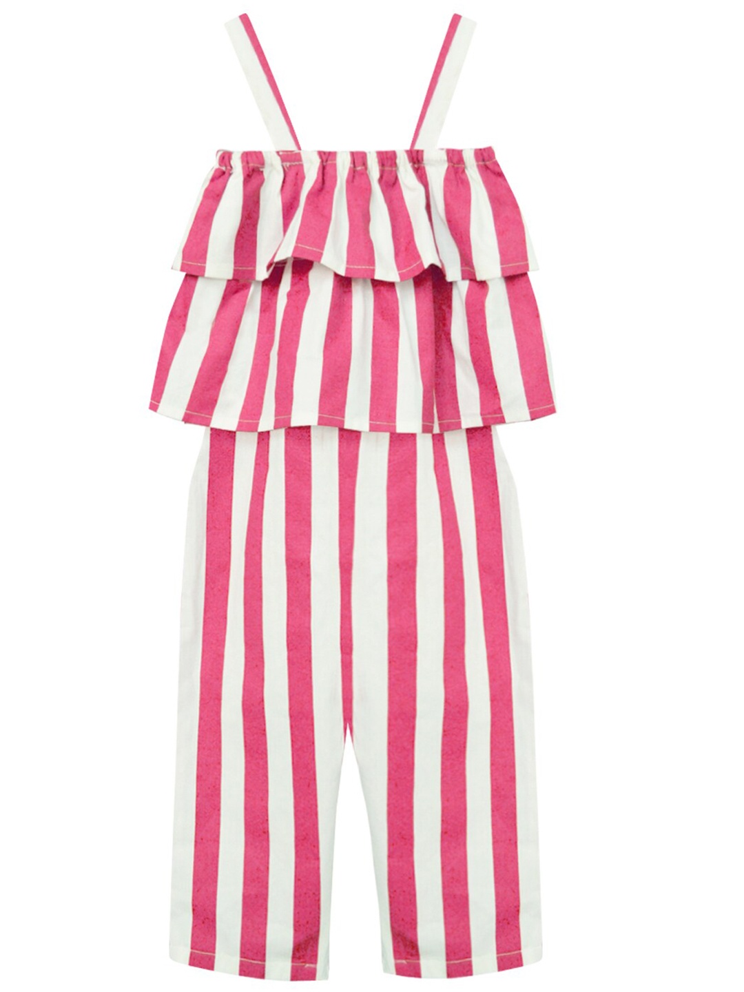 

A T U N Girls Pink & White Striped Pure Cotton Basic Jumpsuit