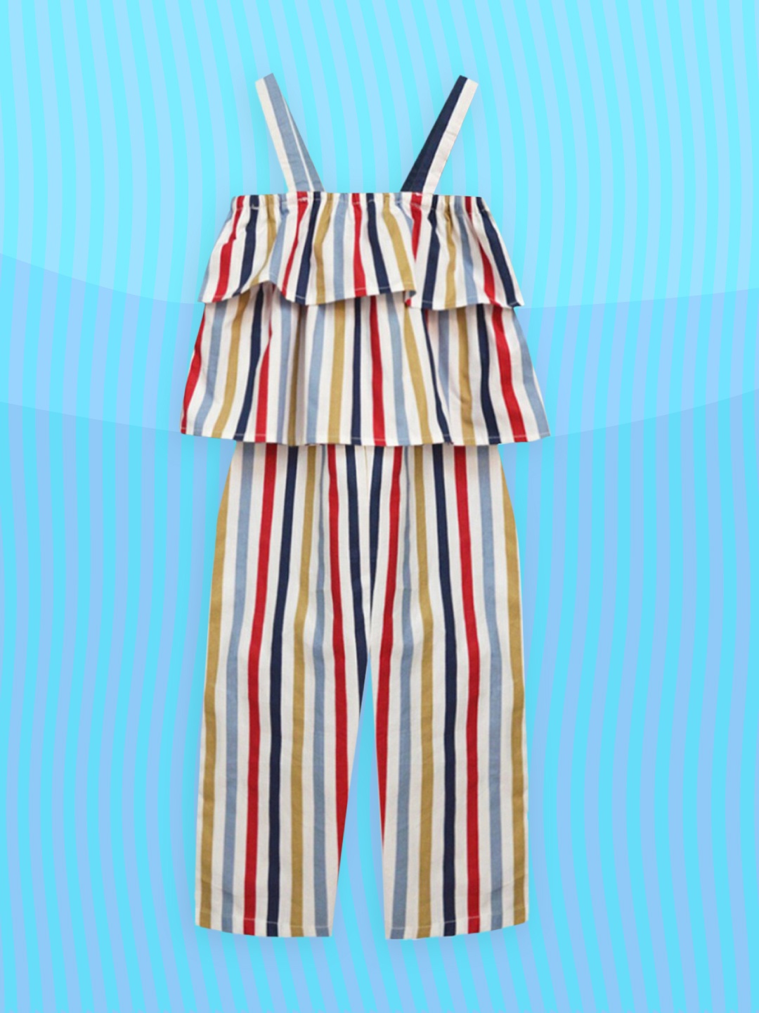 

A T U N Girls Off White & Red Striped Pure Cotton Basic Jumpsuit with Layered