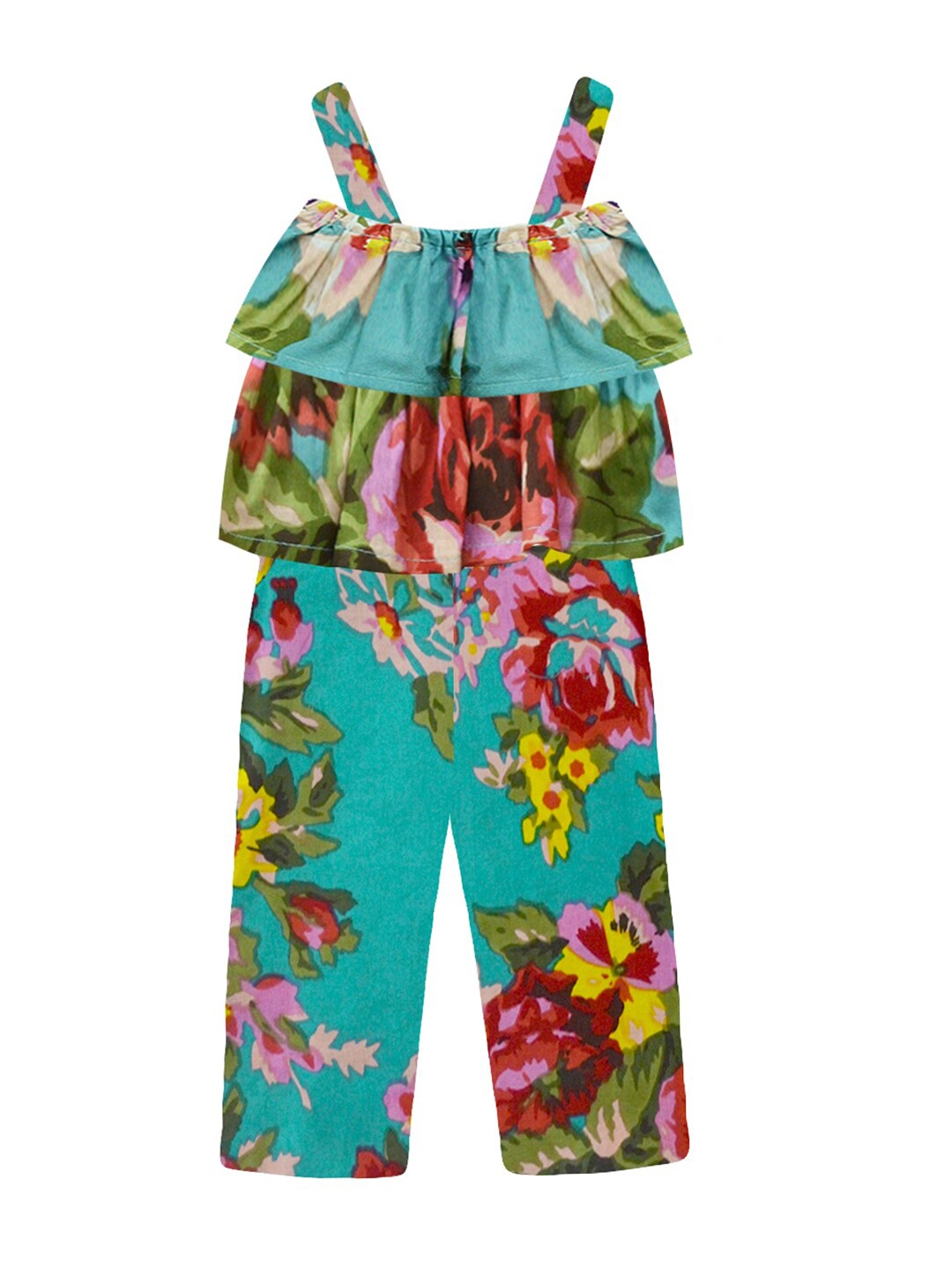 

A T U N Girls Teal & Yellow Printed Basic Jumpsuit