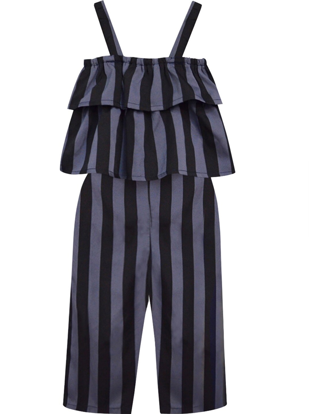 

A.T.U.N. Girls Grey & Black Striped Layered Basic Jumpsuit