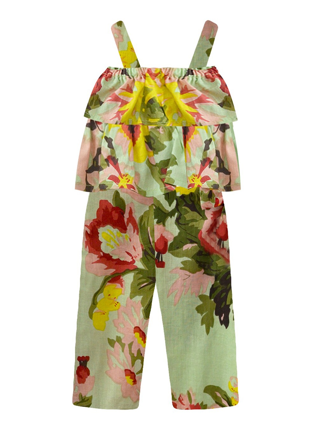 

A.T.U.N. Girls Green & Red Printed Pure Cotton Basic Jumpsuit