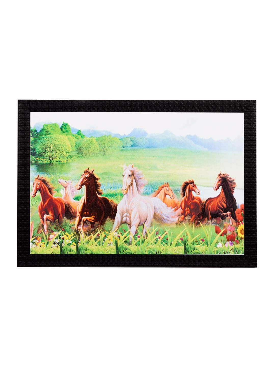 

eCraftIndia Multicoloured Horses Running Matt UV Framed Wall Painting, Multi