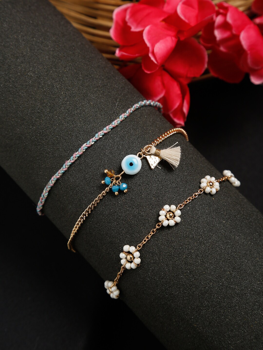 

Madame Set of 3 Rose Gold-Plated Handmade Floral & Evil Eye Anklet