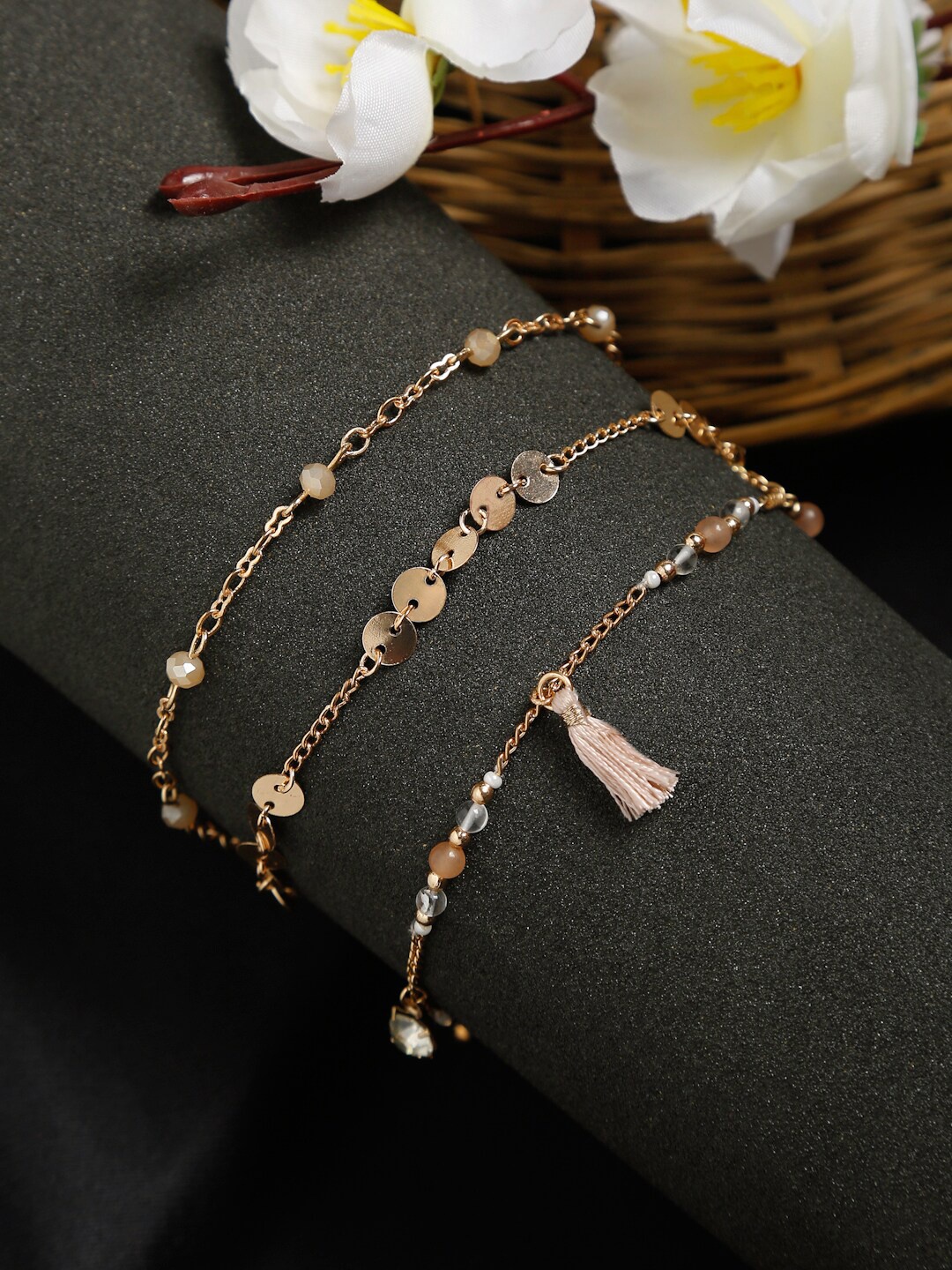 

Madame Set of 3 Rose Gold Plated Studded Anklets