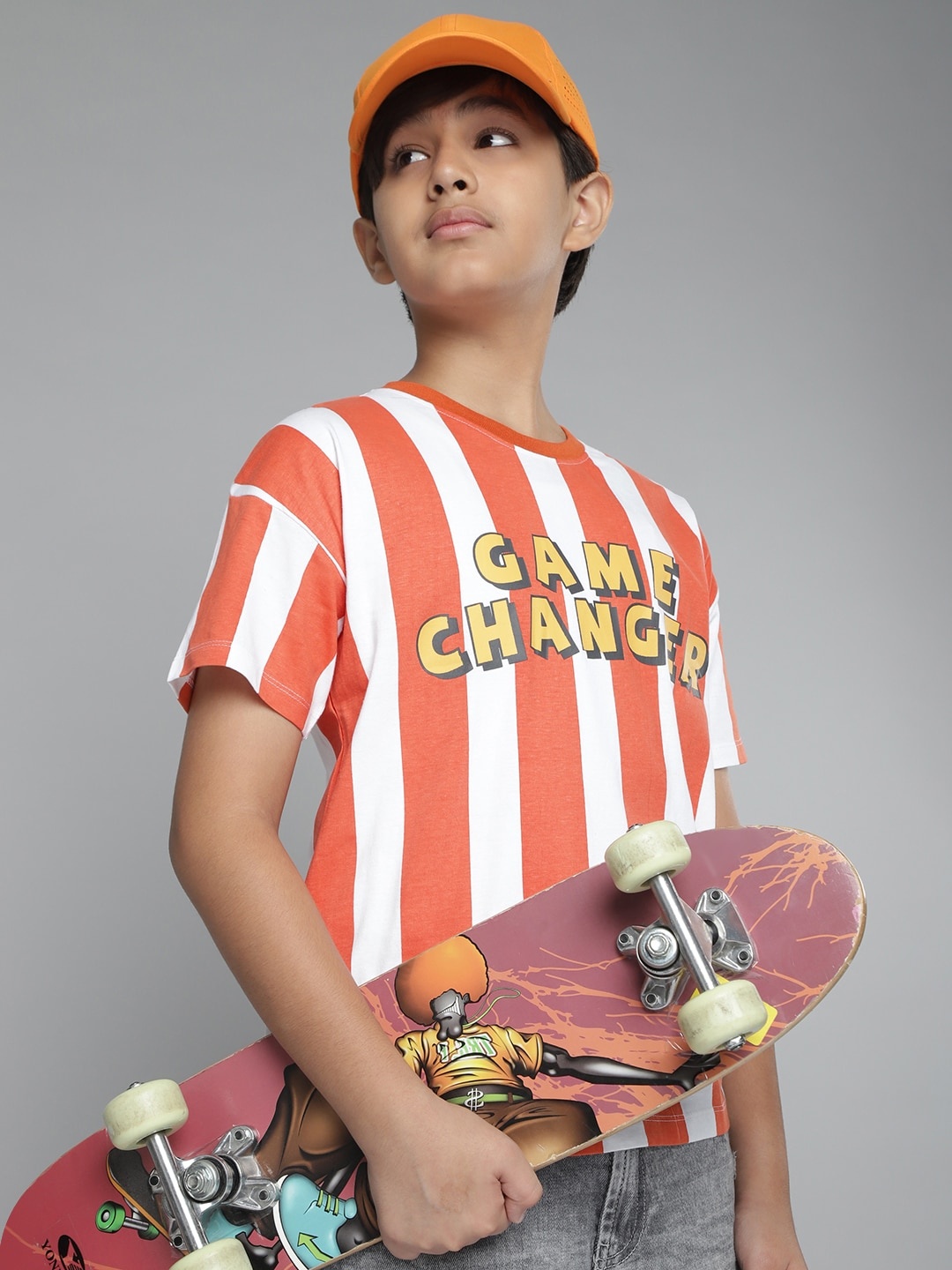 

YK Boys Orange & White Striped & Typography Pure Cotton T-shirt