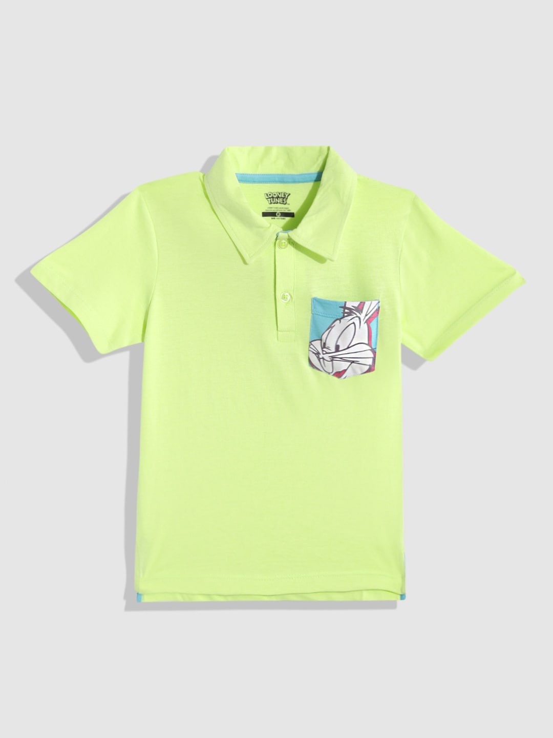 

YK Warner Bros Boys Bugs Bunny Printed Polo Collar Pure Cotton T-shirt, Fluorescent green