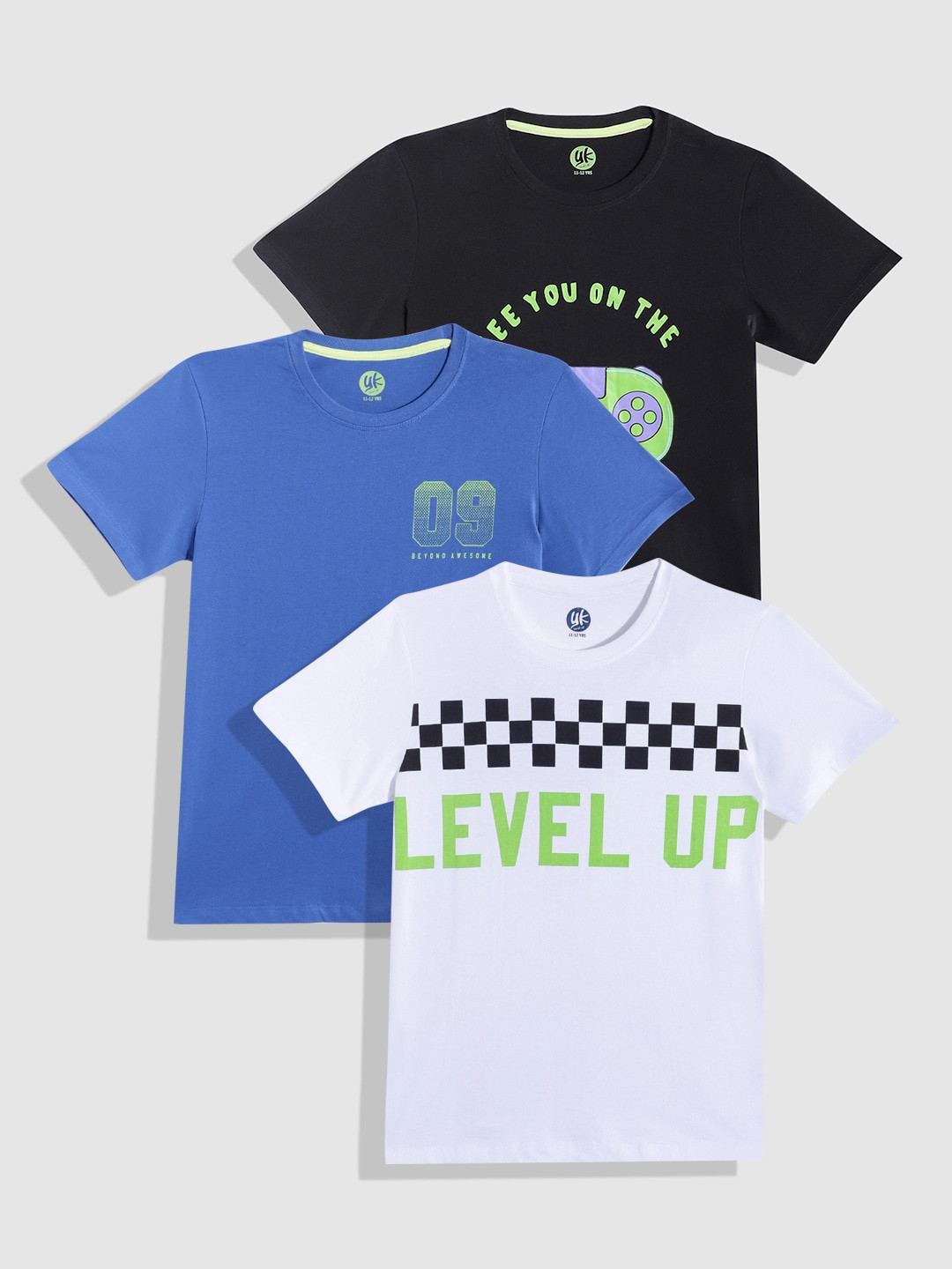 

YK Basics Boys Pack of 3 Printed Pure Cotton T-shirt, Blue