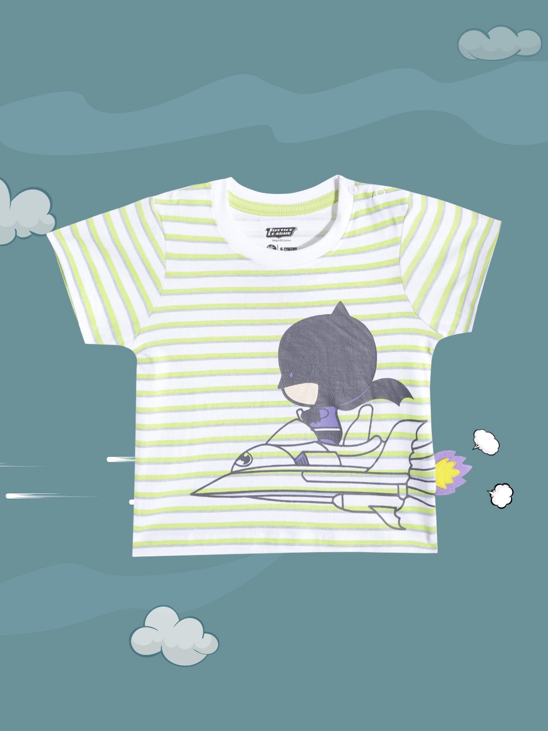 

YK Justice League Infant Boys White & Green Striped & Batman Print Applique Cotton T-shirt