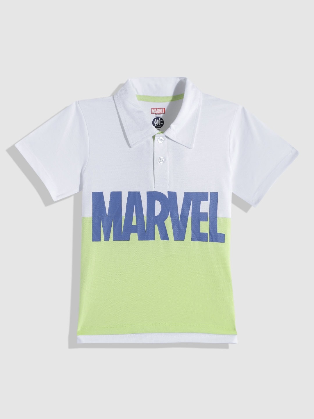 

YK Marvel Boys Colourblocked & Typography Printed Polo Collar Pure Cotton T-shirt, Green