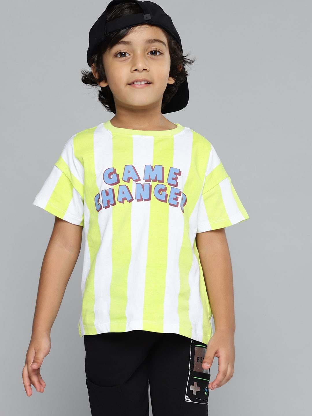 

YK Boys White & Neon Green Striped Pure Cotton T-shirt