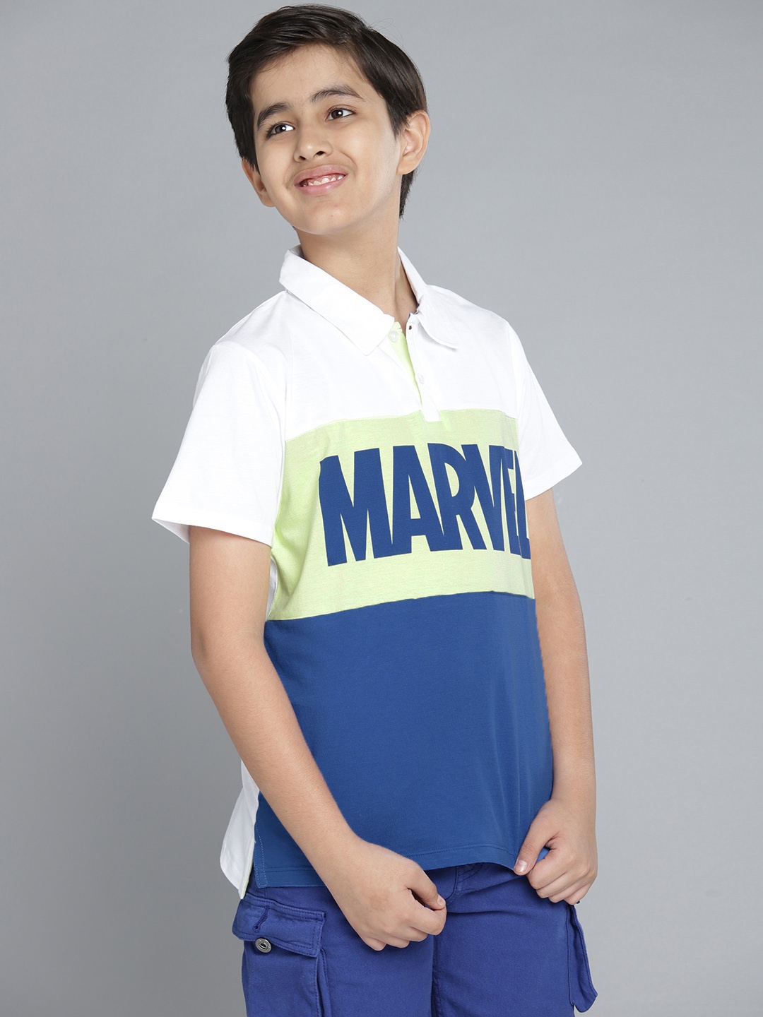 

YK Marvel Boys White & Blue Colourblocked Polo Collar Pure Cotton T-shirt
