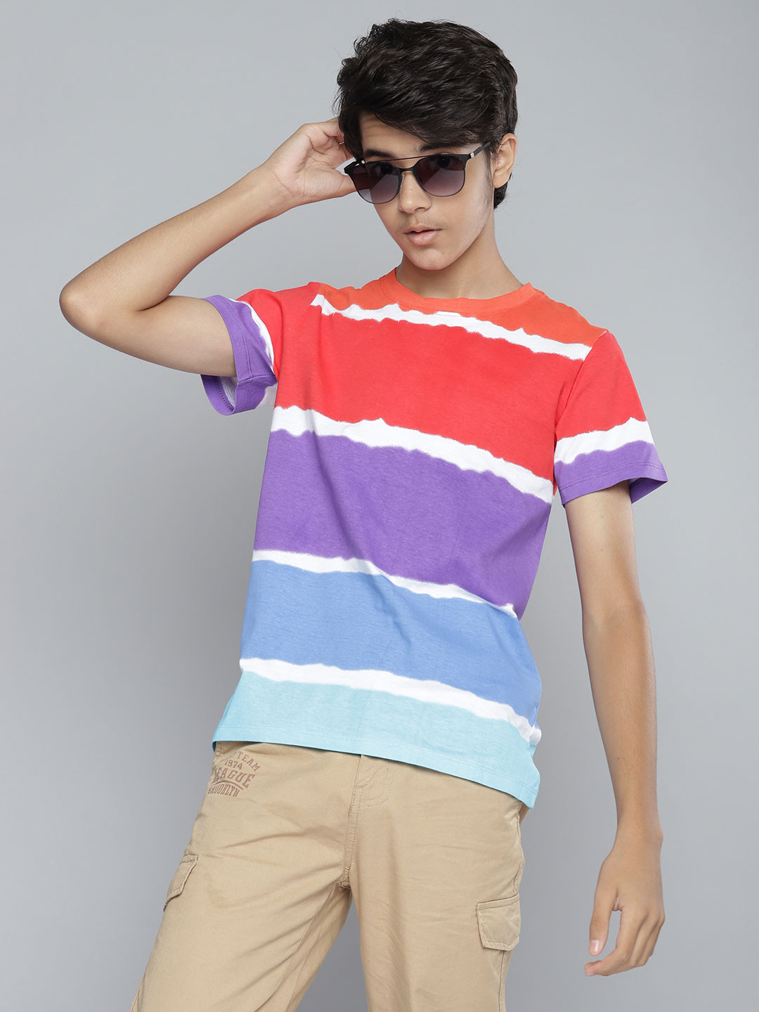 

YK Boys Red & Blue Pure Cotton Striped T-shirt