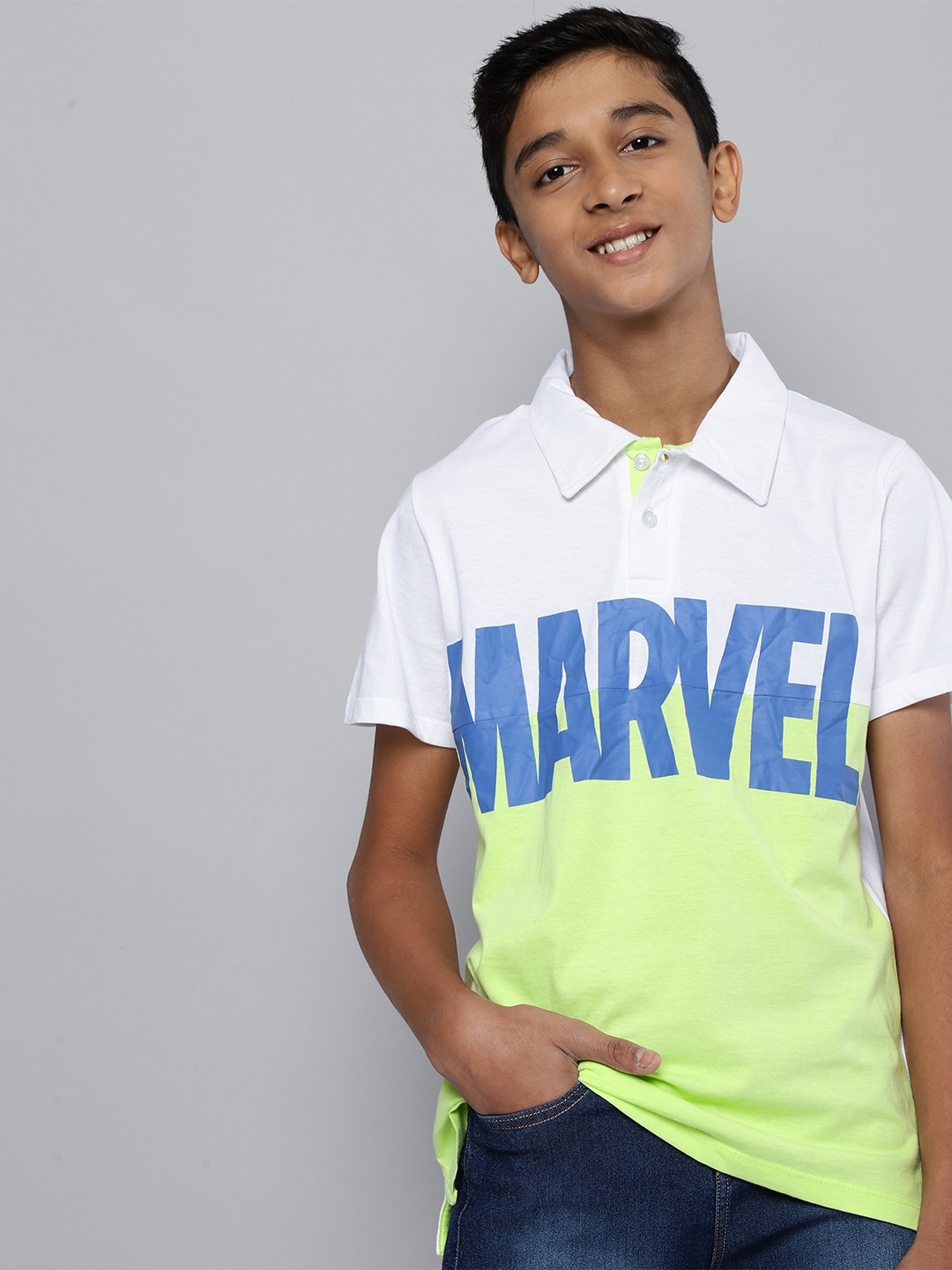 

YK Marvel Boys Colourblocked & Typography Printed Polo Collar Pure Cotton T-shirt, Green