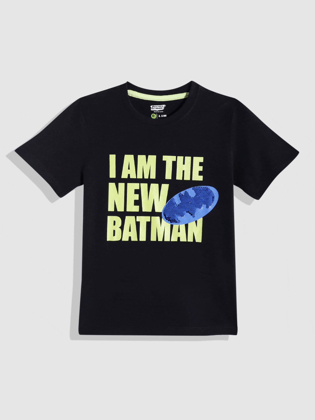 

YK Justice League Boys Typography Printed Pure Cotton T-Shirt with Sequinned Detail, Black