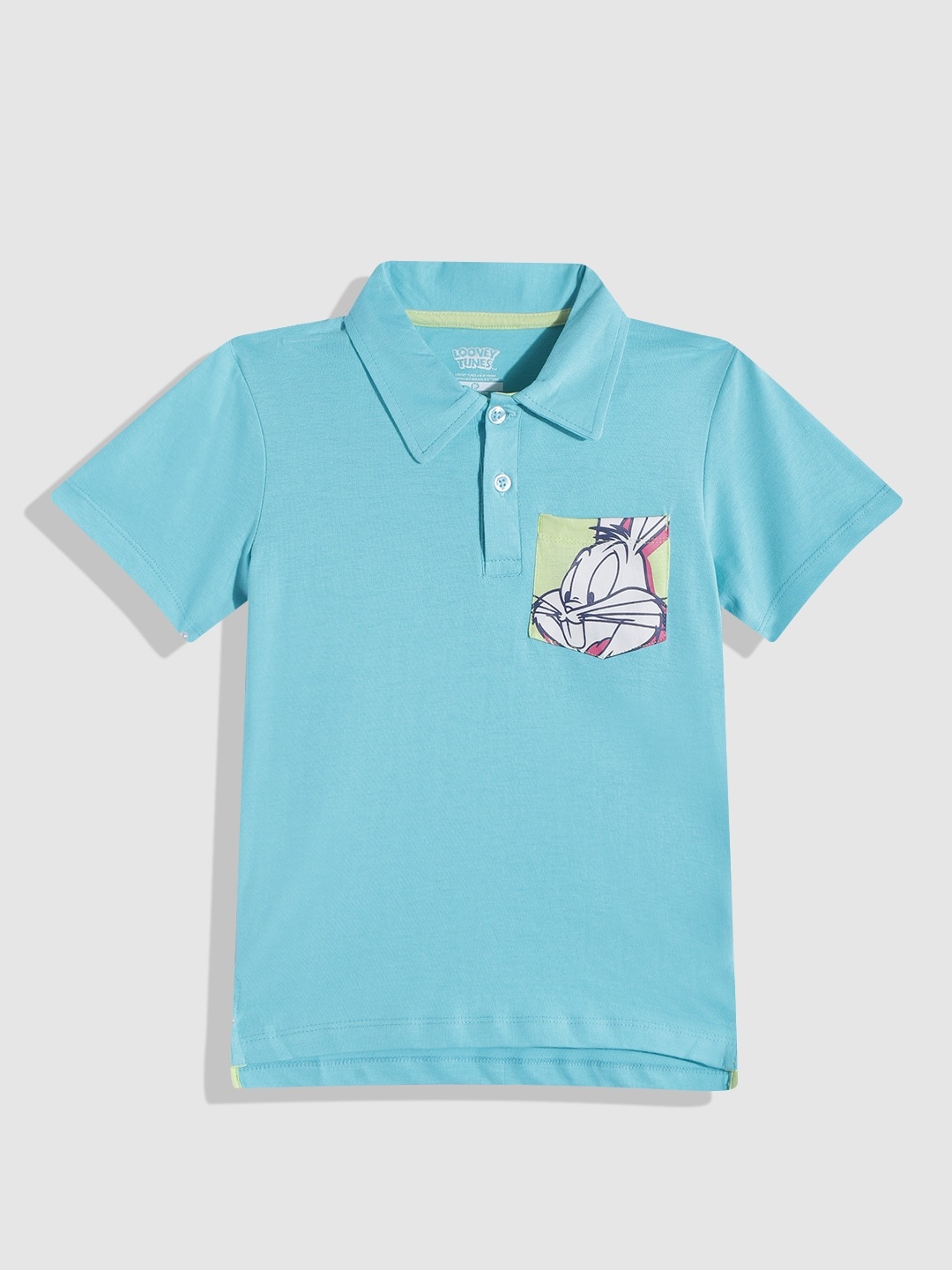 

YK Warner Bros Boys Bugs Bunny Print Polo Collar Pure Cotton T-shirt, Turquoise blue