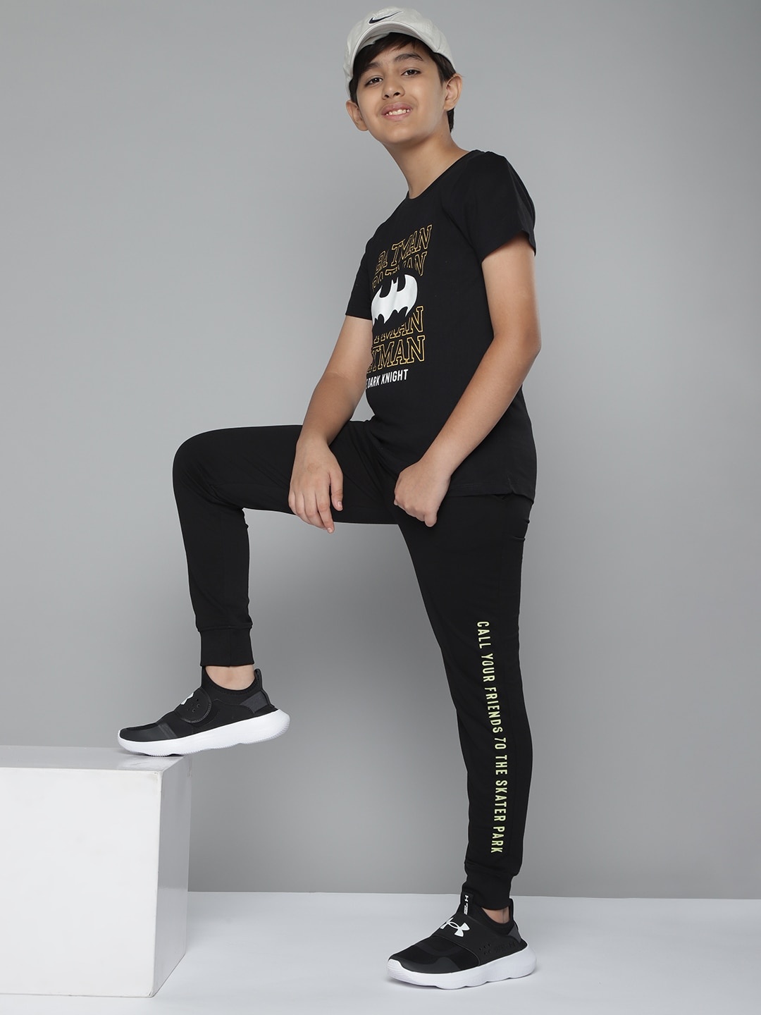

YK Boys Black & Lime Green Typography Print Pure Cotton Track Pants