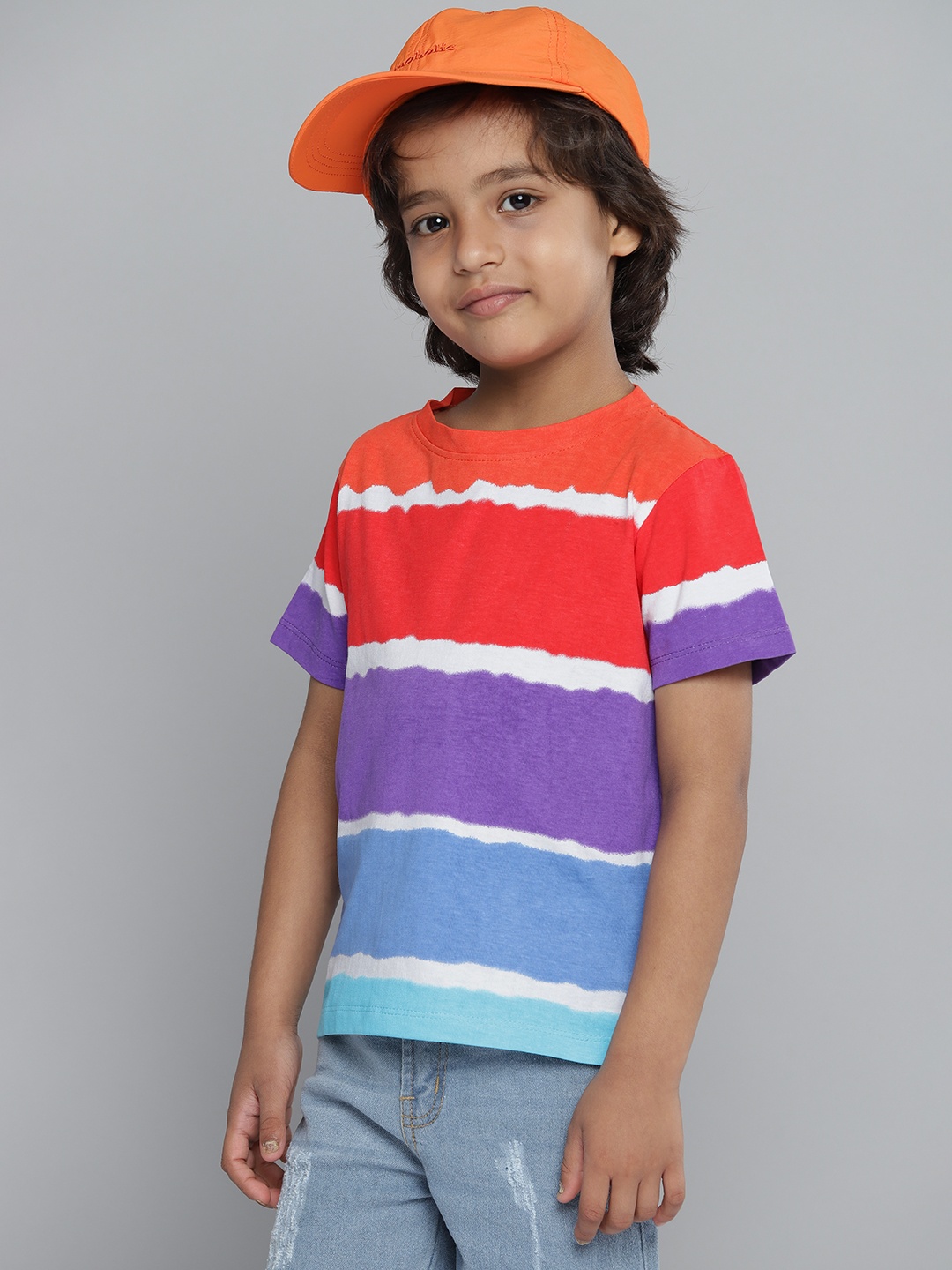 

YK Boys Red & Blue Pure Cotton Striped T-shirt