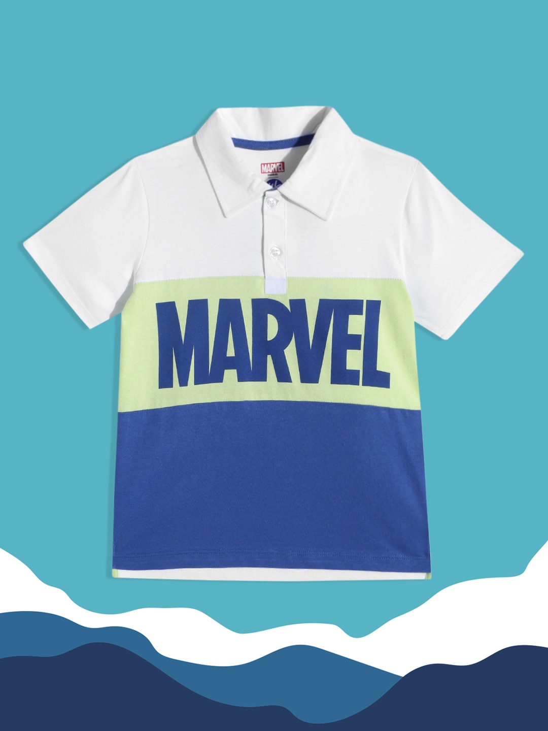 

YK Marvel Boys White & Blue Colourblocked Polo Collar Pure Cotton T-shirt
