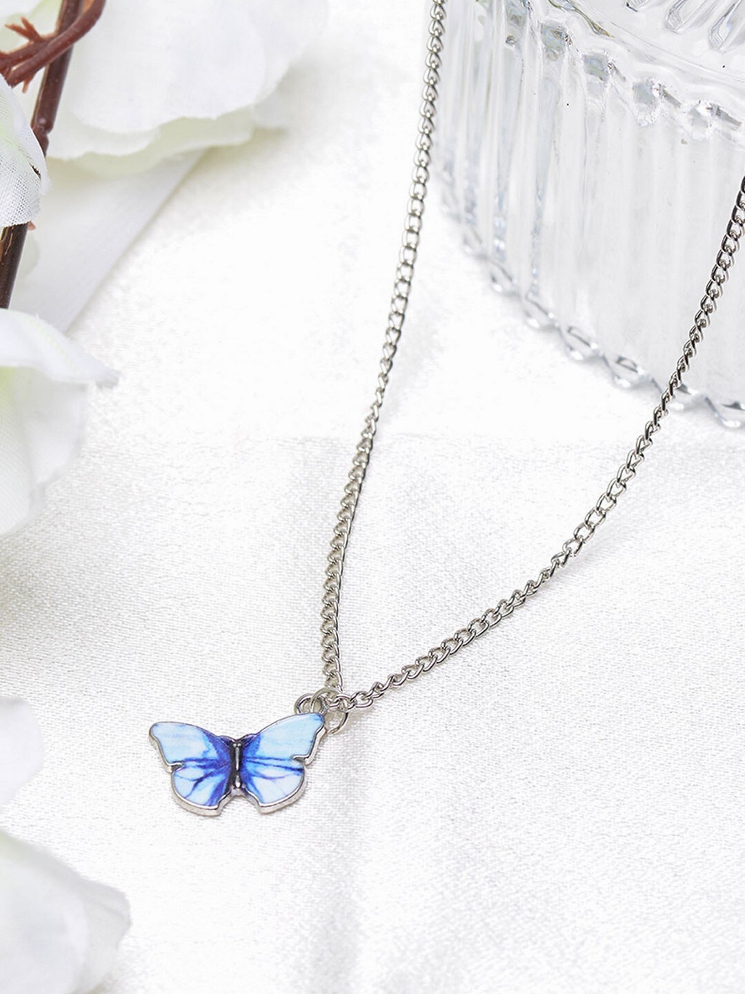 

POPLINS Silver-Plated & Blue Butterfly Charm Chain