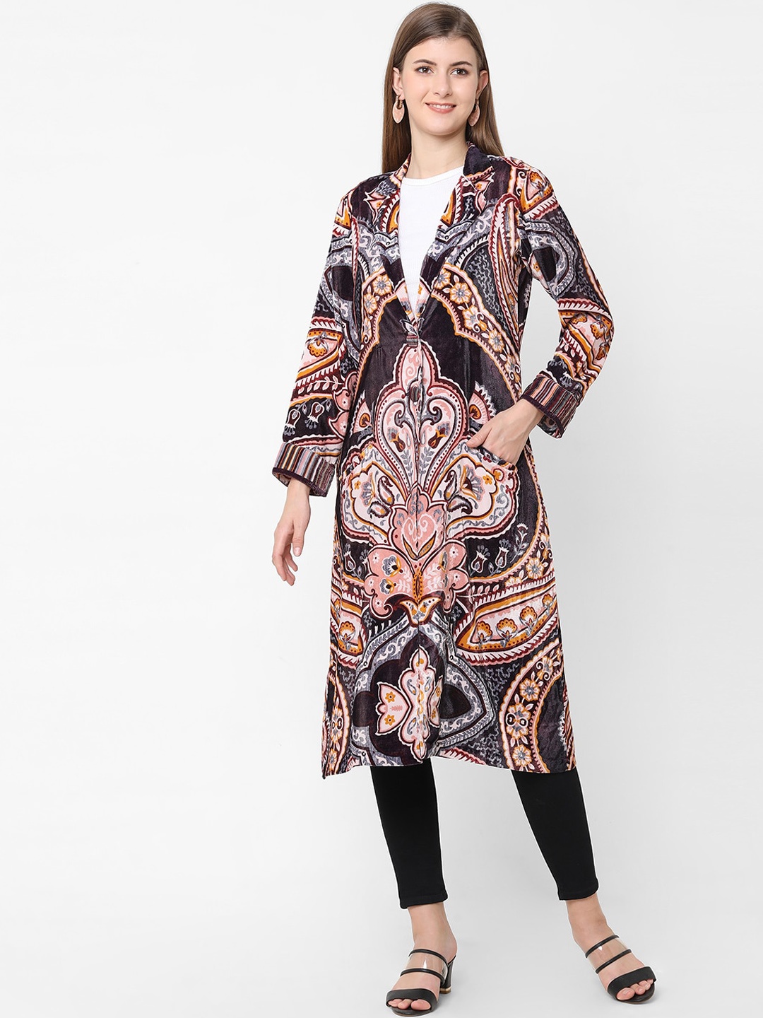 

Cloth Haus India Women Black & Orange Longline Tailored Velvet Jacket