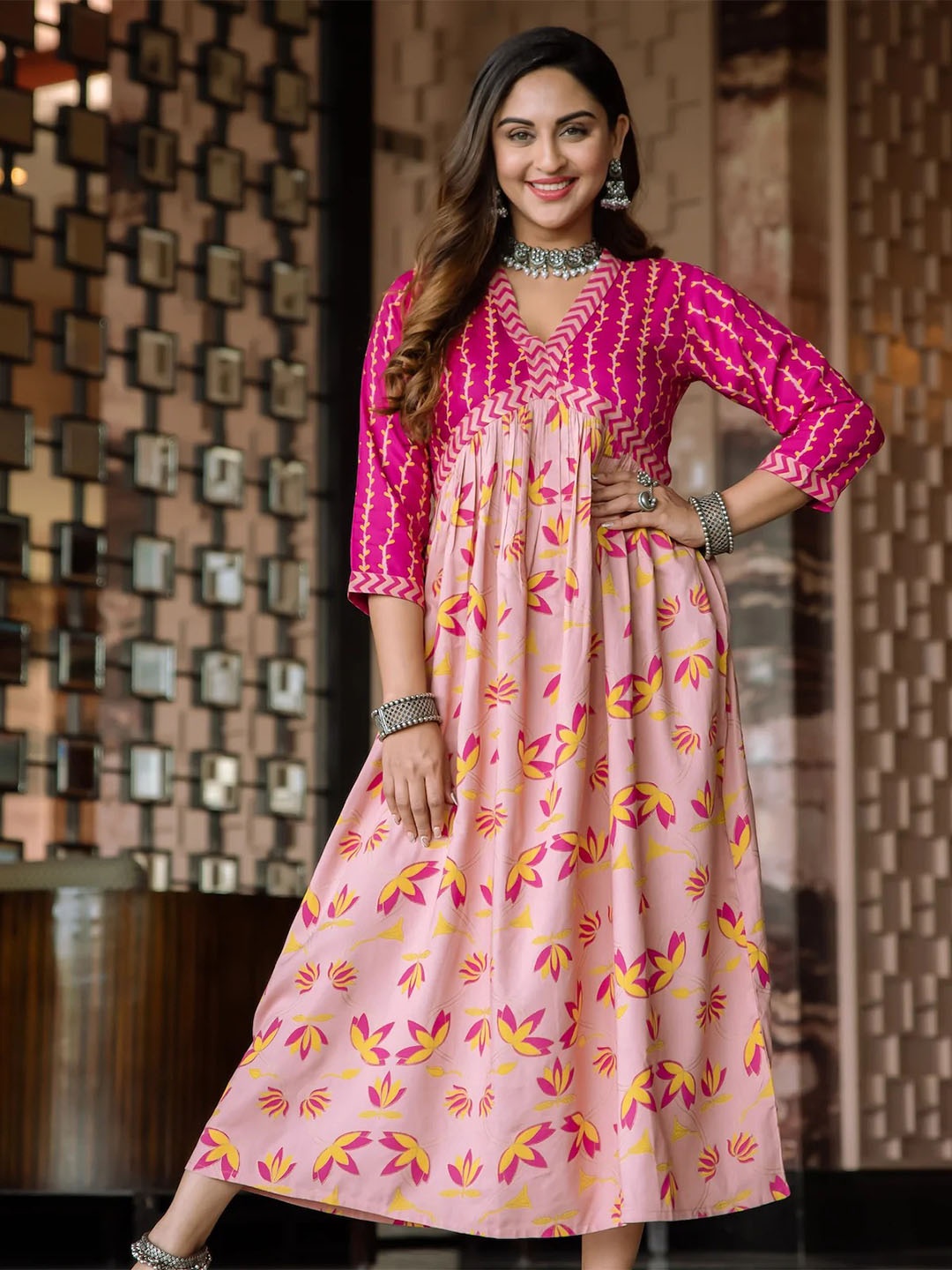 

Rustorange Pink Floral A-Line Dress