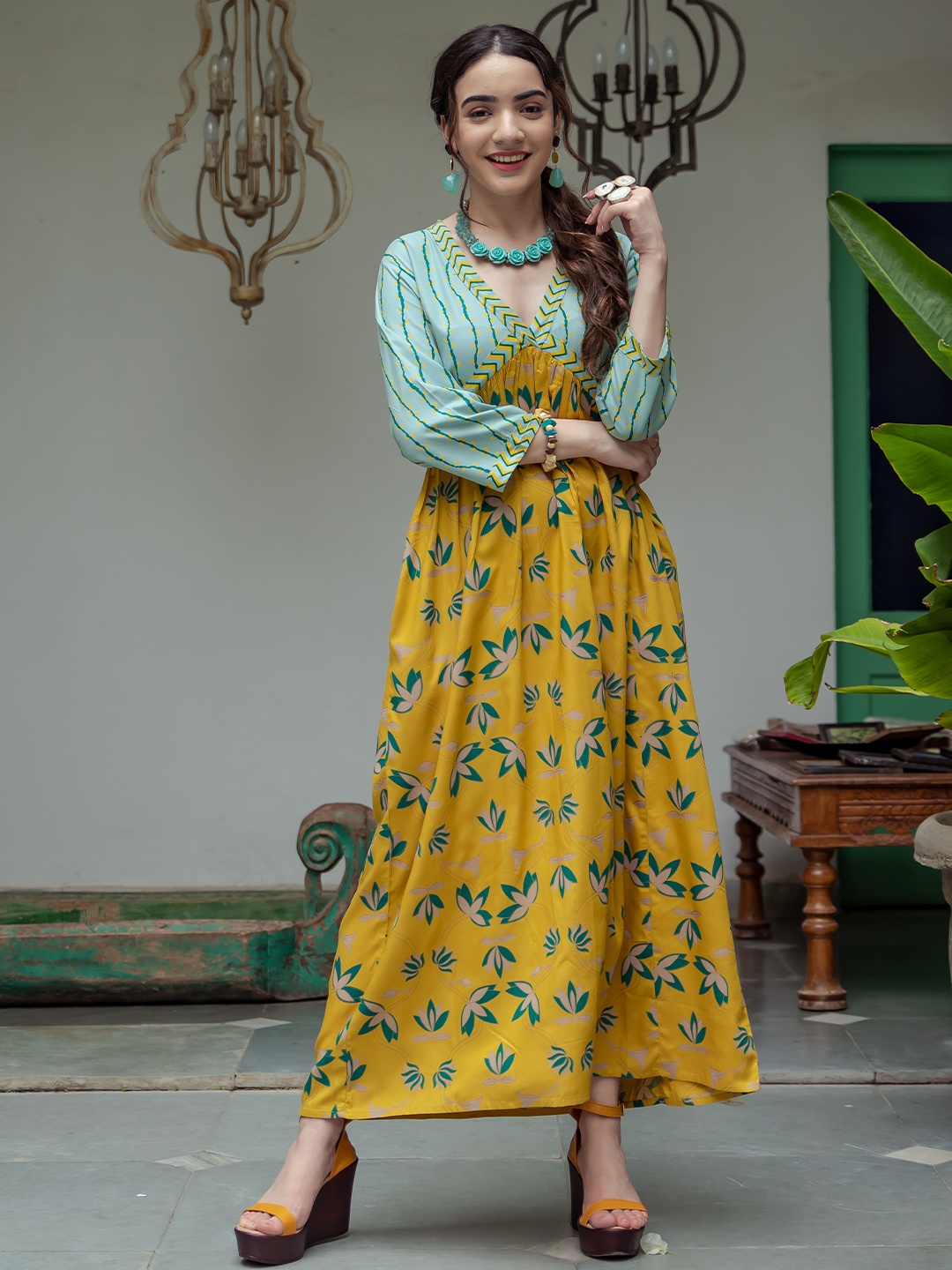 Rustorange Blue & Yellow Floral A-Line Midi Dress