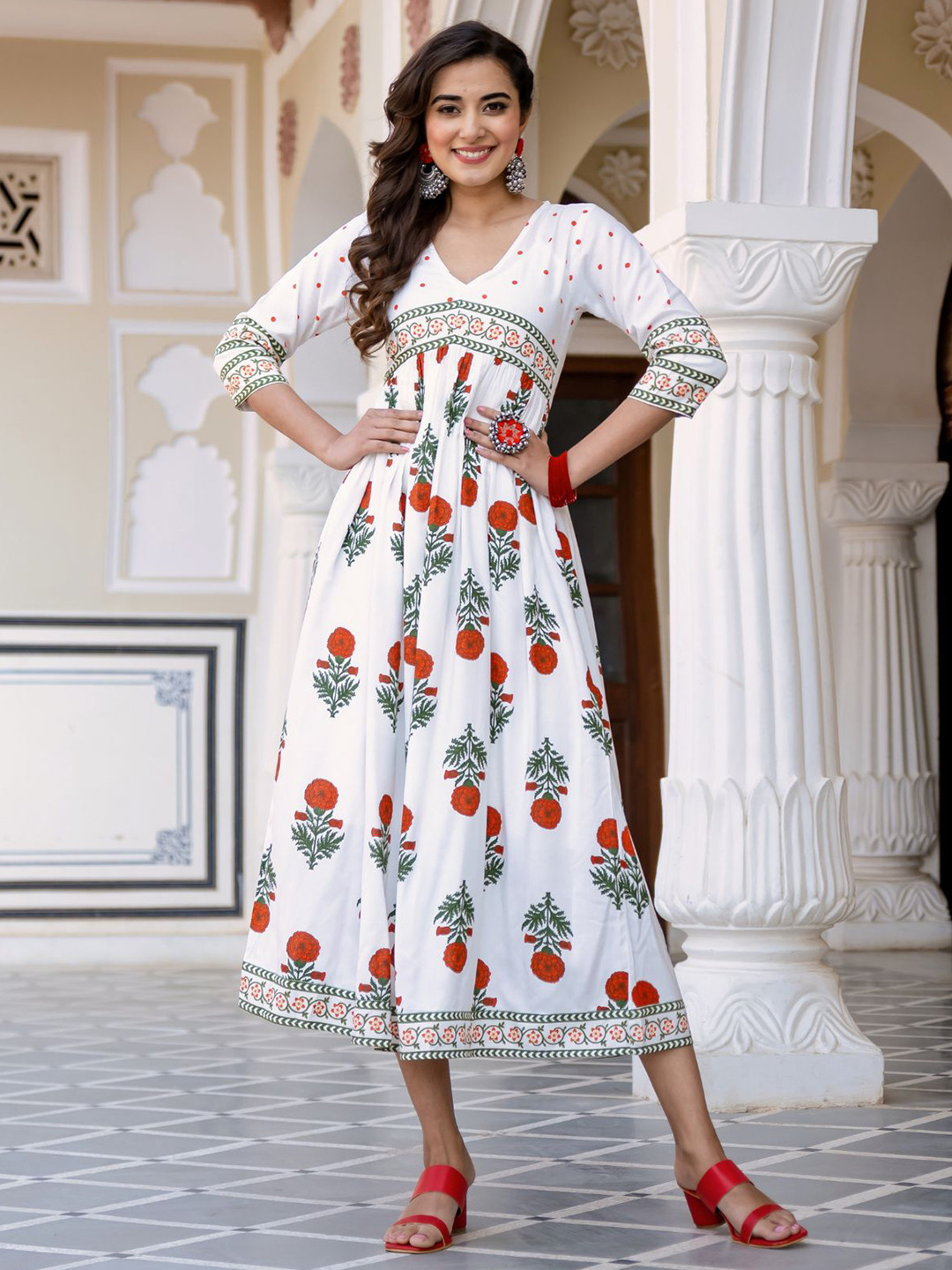 

Rustorange White Floral A-Line Midi Dress