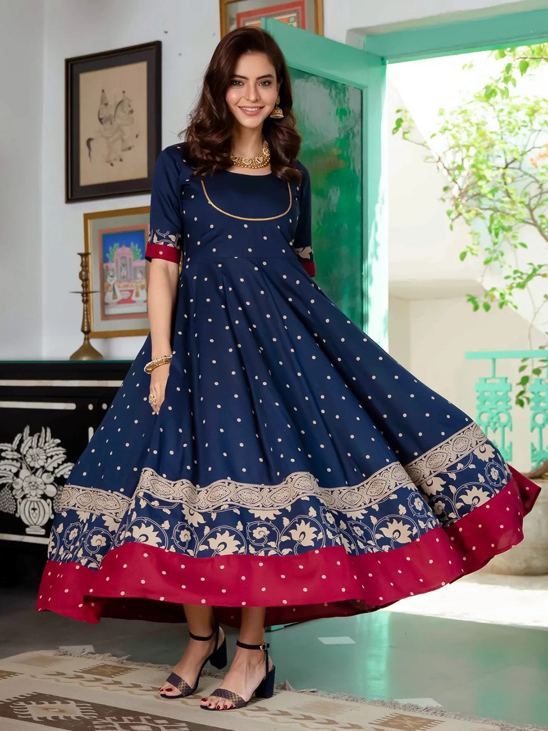 

Rustorange Navy Blue A-Line Maxi Dress