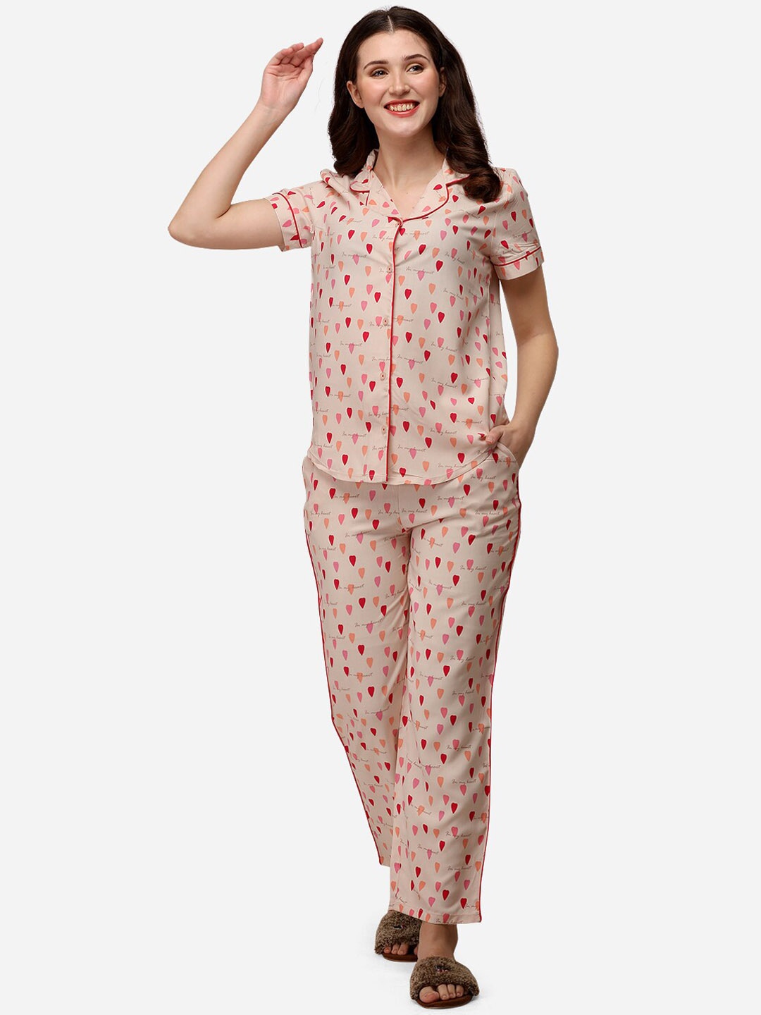 

Soie Women Taupe & Red Printed Night suit