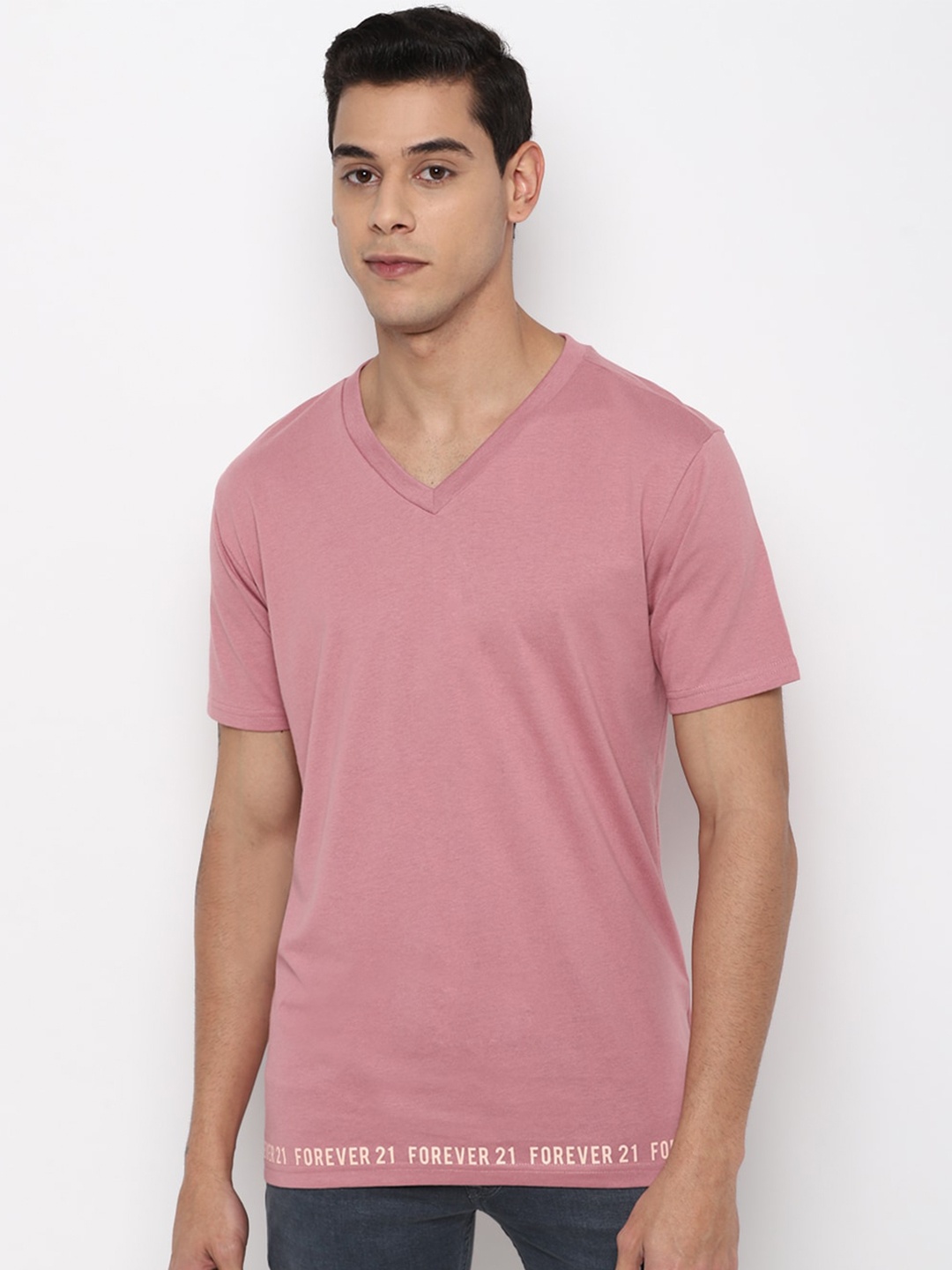 

FOREVER 21 Men Pink V-Neck T-shirt