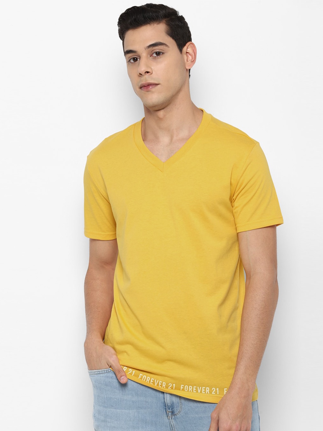 

FOREVER 21 Men Yellow V-Neck T-shirt