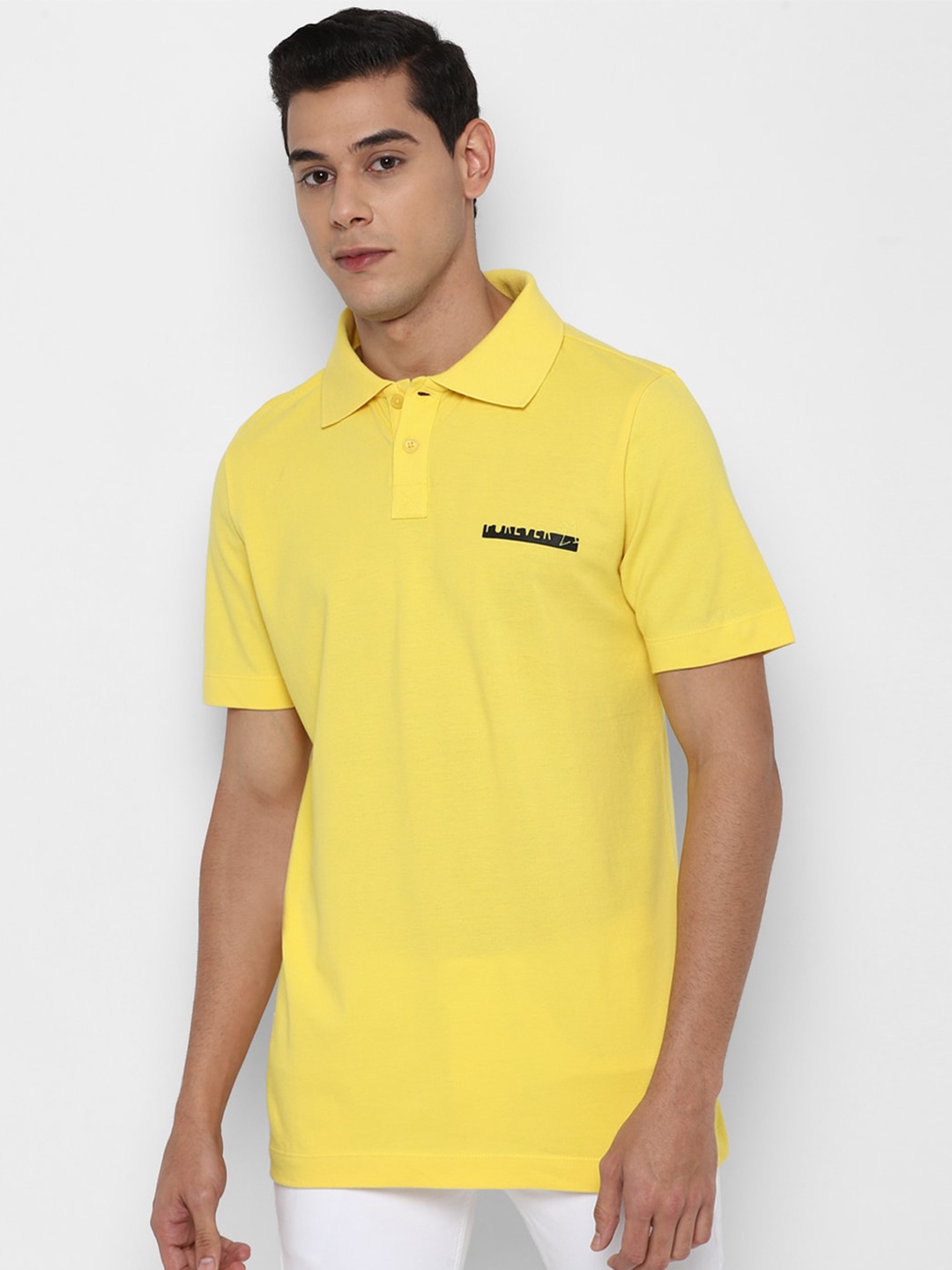 

FOREVER 21 Men Yellow Polo Collar Pure Cotton T-shirt