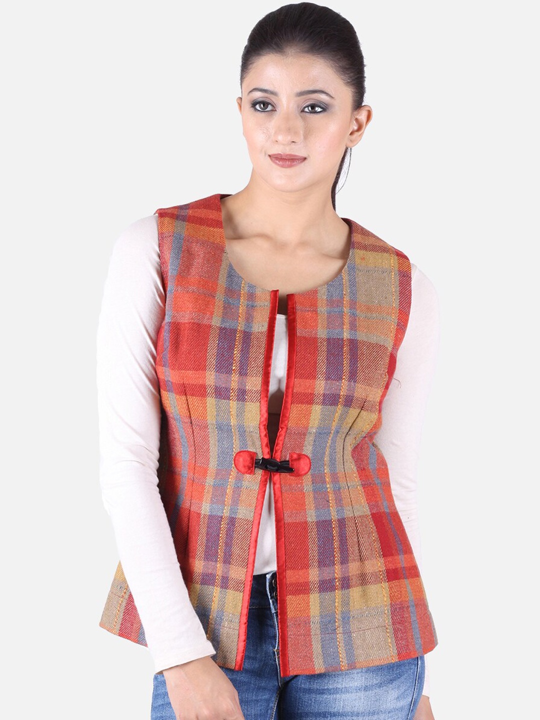 

Owncraft Women Red & Blue Checked Woolen Pea Coat