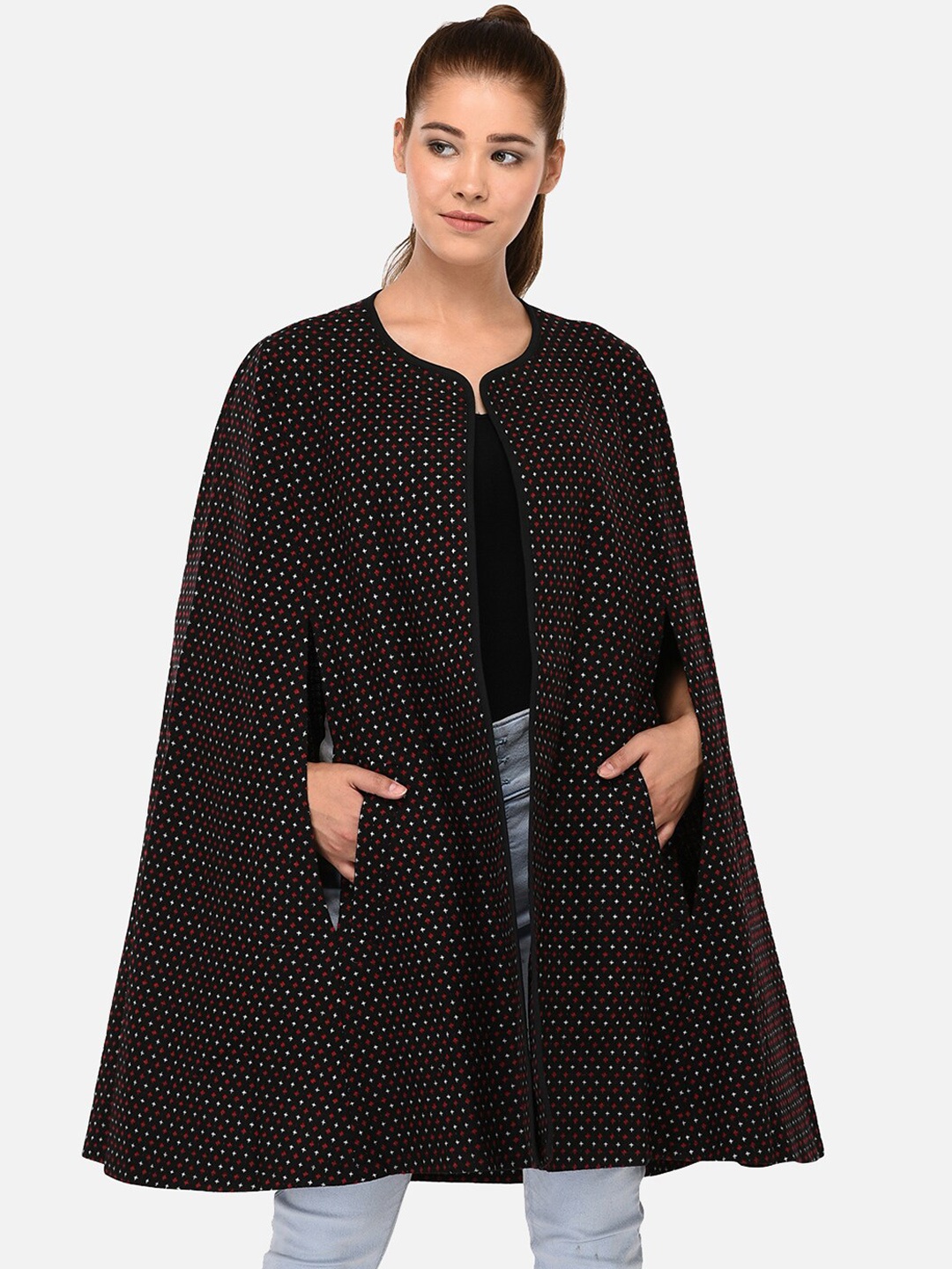 

Owncraft Women Black & Red Self Design Wrap Coat