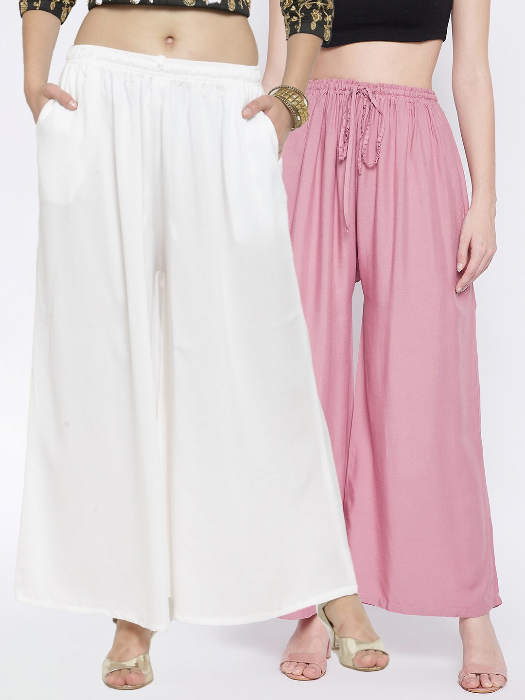 

Clora Creation Women Pack Of 2 White & Pink Solid Flared Palazzo