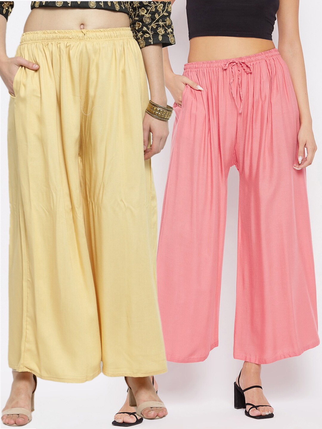 

Clora Creation Women Yellow & Pink Pack of 2 Flared Palazzos