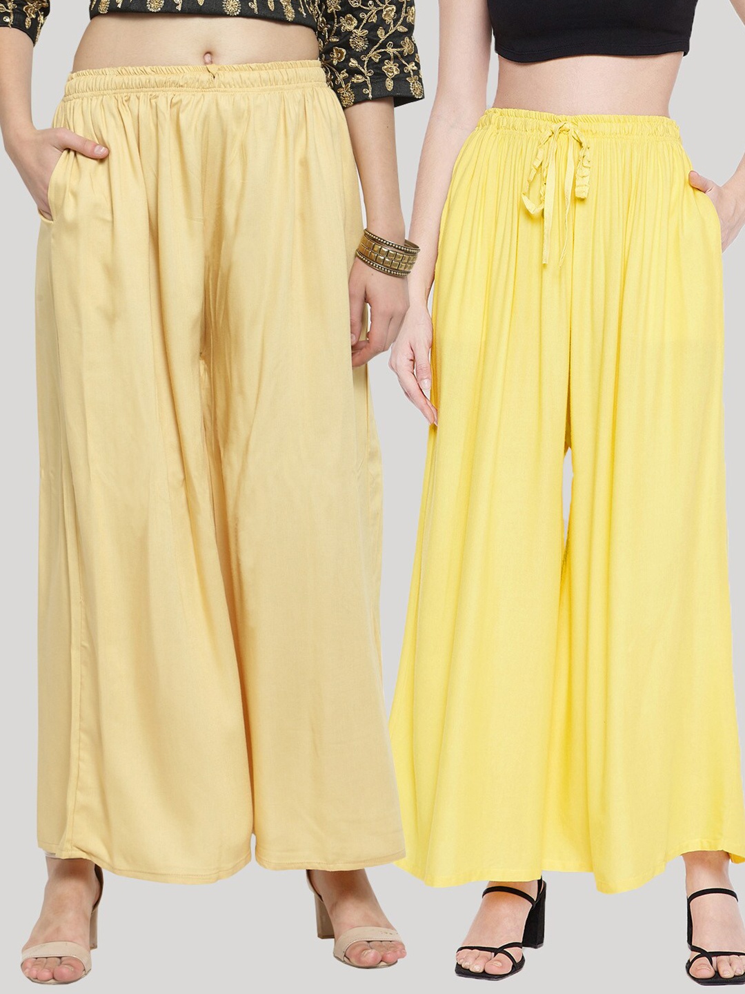 

Clora Creation Women Pack of 2 Tan & Yellow Flared Knitted Palazzos