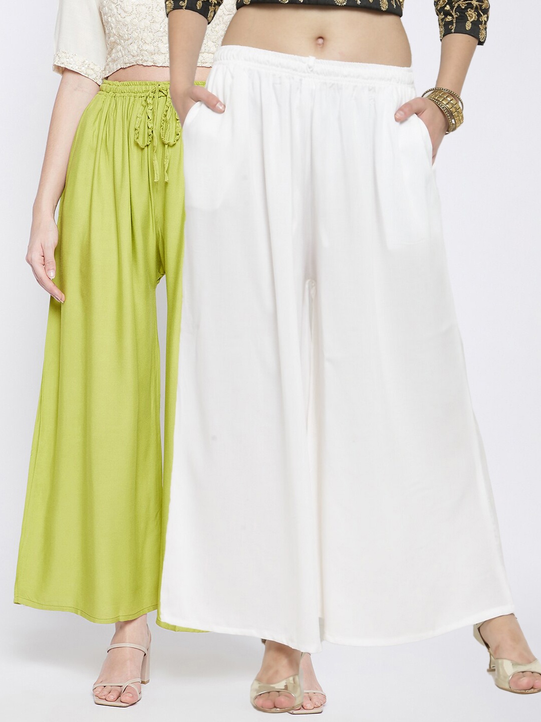 

Clora Creation Women Pack Of 2 White & Green Flared Palazzos