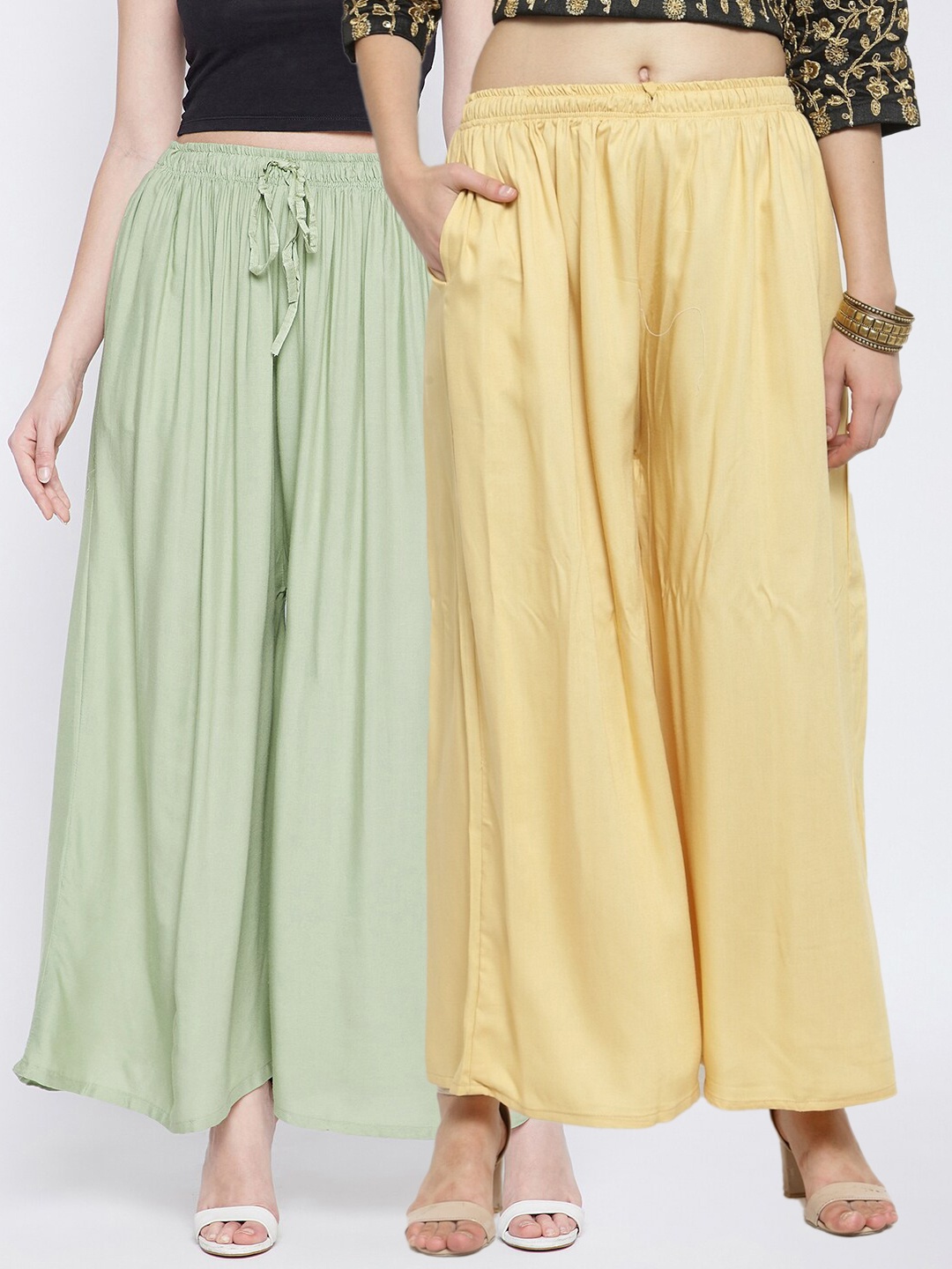 

Clora Creation Women Pack Of 2 Green & Yellow Solid Flared Palazzo