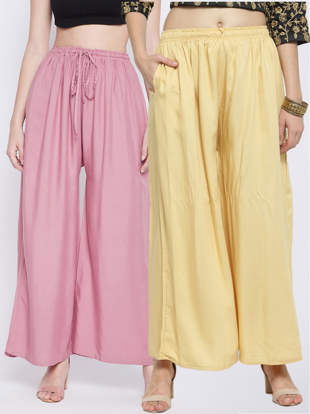 

Clora Creation Women Pack Of 2 Yellow & Pink Flared Knitted Palazzos
