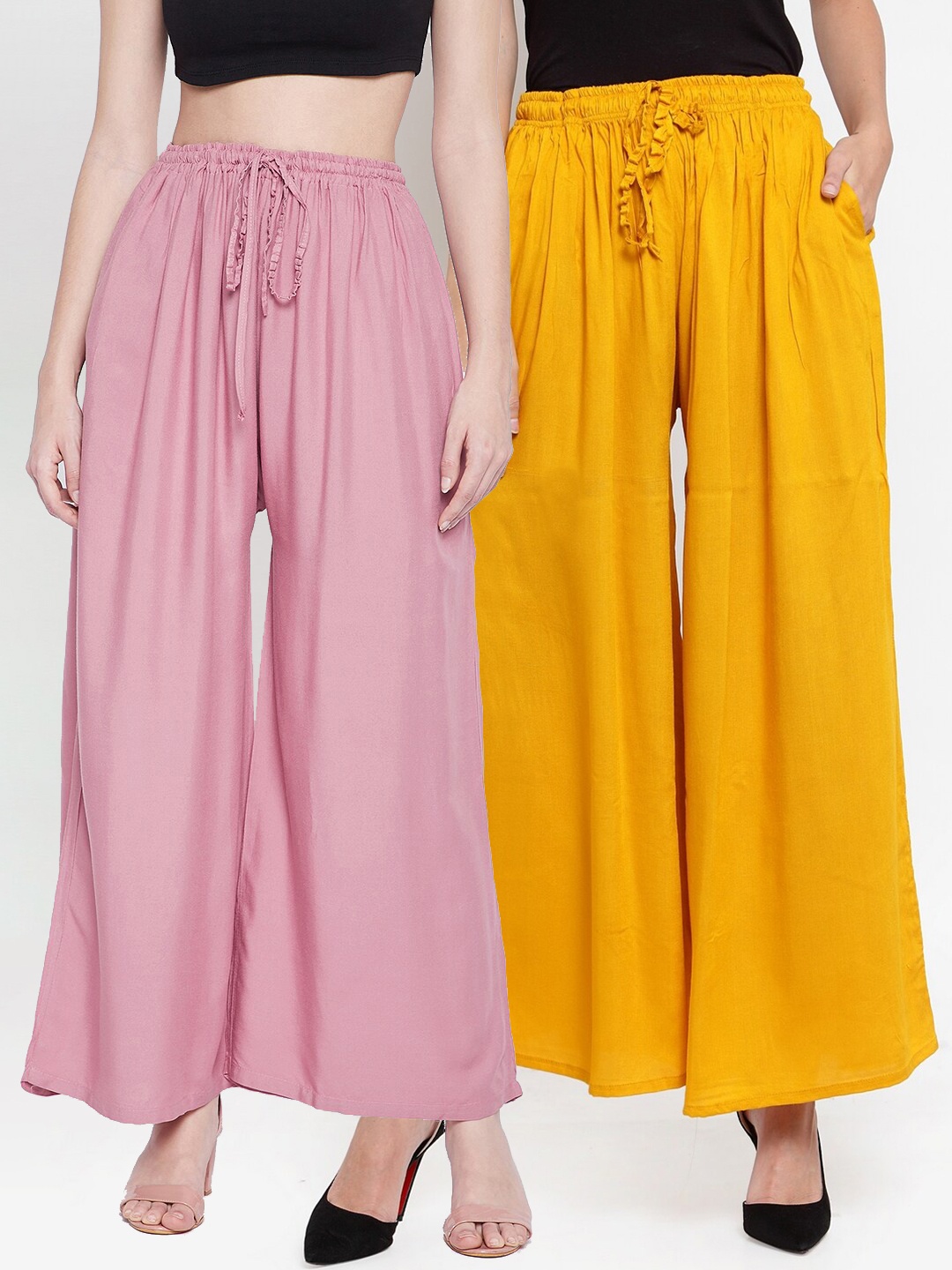 

Clora Creation Women Pack Of 2 Pink & Yellow Flared Knitted Palazzos