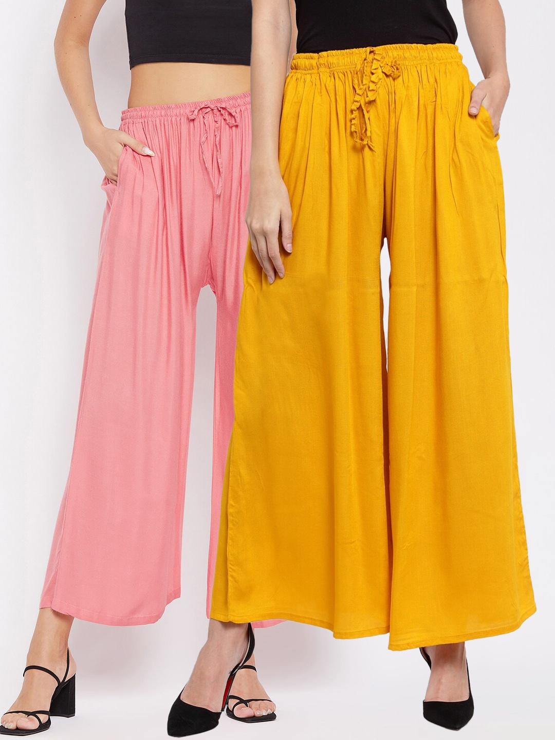 

Clora Creation Women Pack Of 2 Flared Knitted Palazzos, Yellow