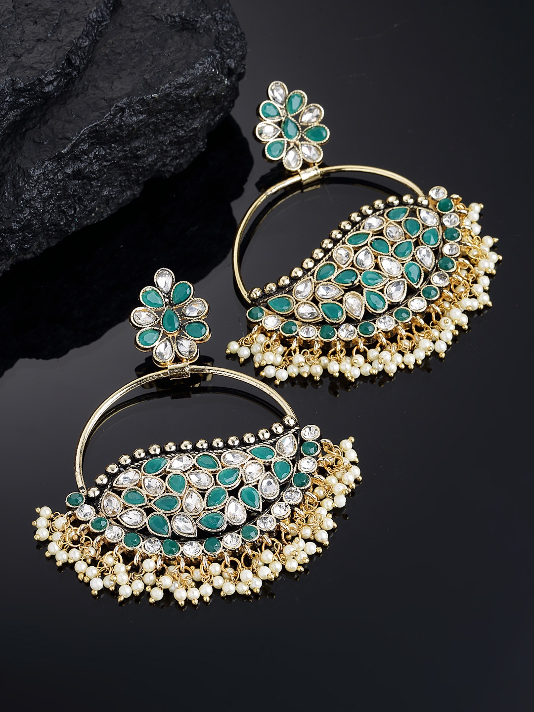 

PANASH Gold-Toned & Green Crescent Shaped Drop Earrings