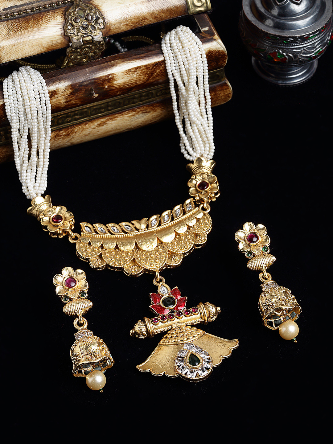 

PANASH Gold-Plated & White Stone Studded & Beaded Jewellery Set