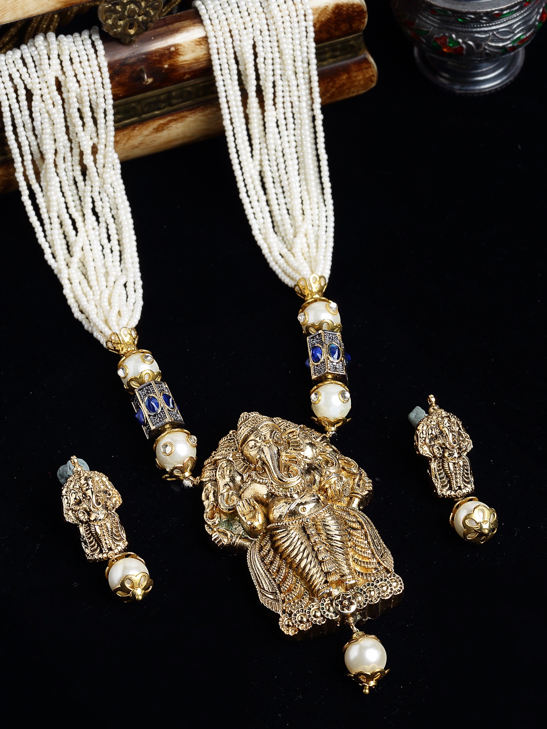 

PANASH Gold-Plated White & Blue Pearls Beaded Temple Jewellery Set