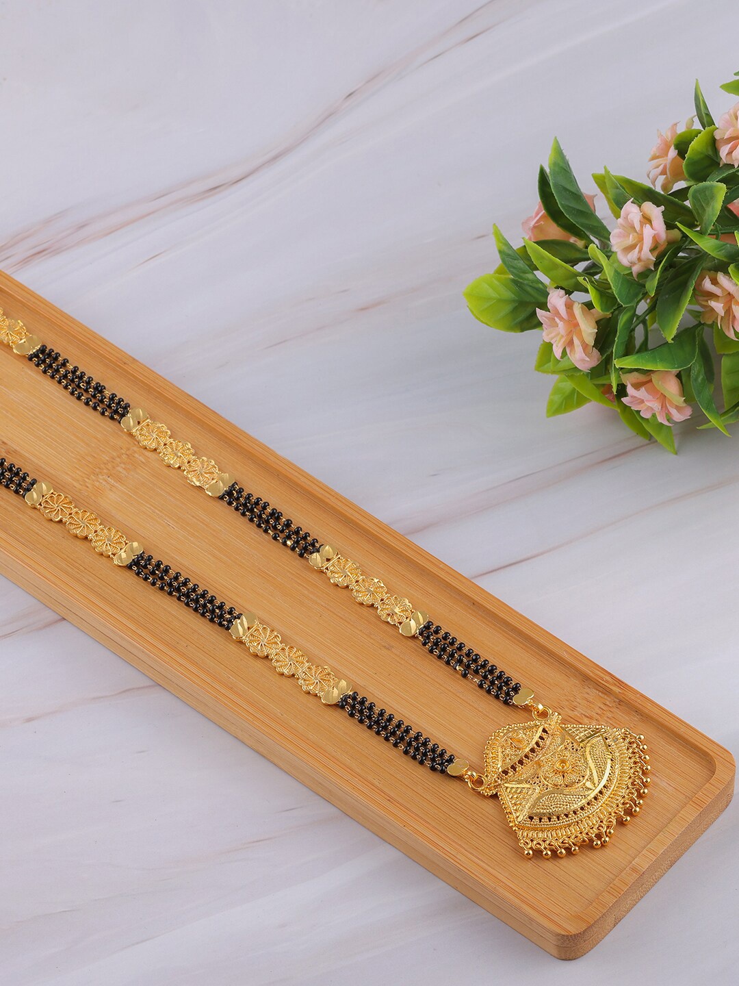 

Brandsoon Gold-Toned & Black Beaded Gold-Plated Mangalsutra