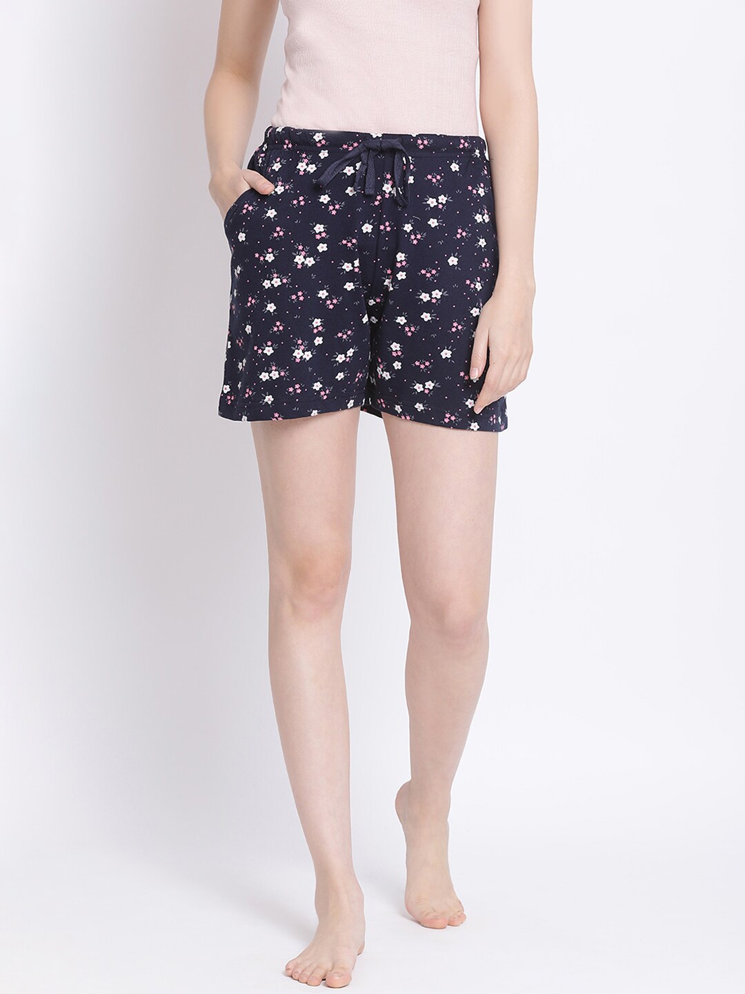 

Kanvin Women Navy Blue & White Floral Printed Pure Cotton Lounge Shorts
