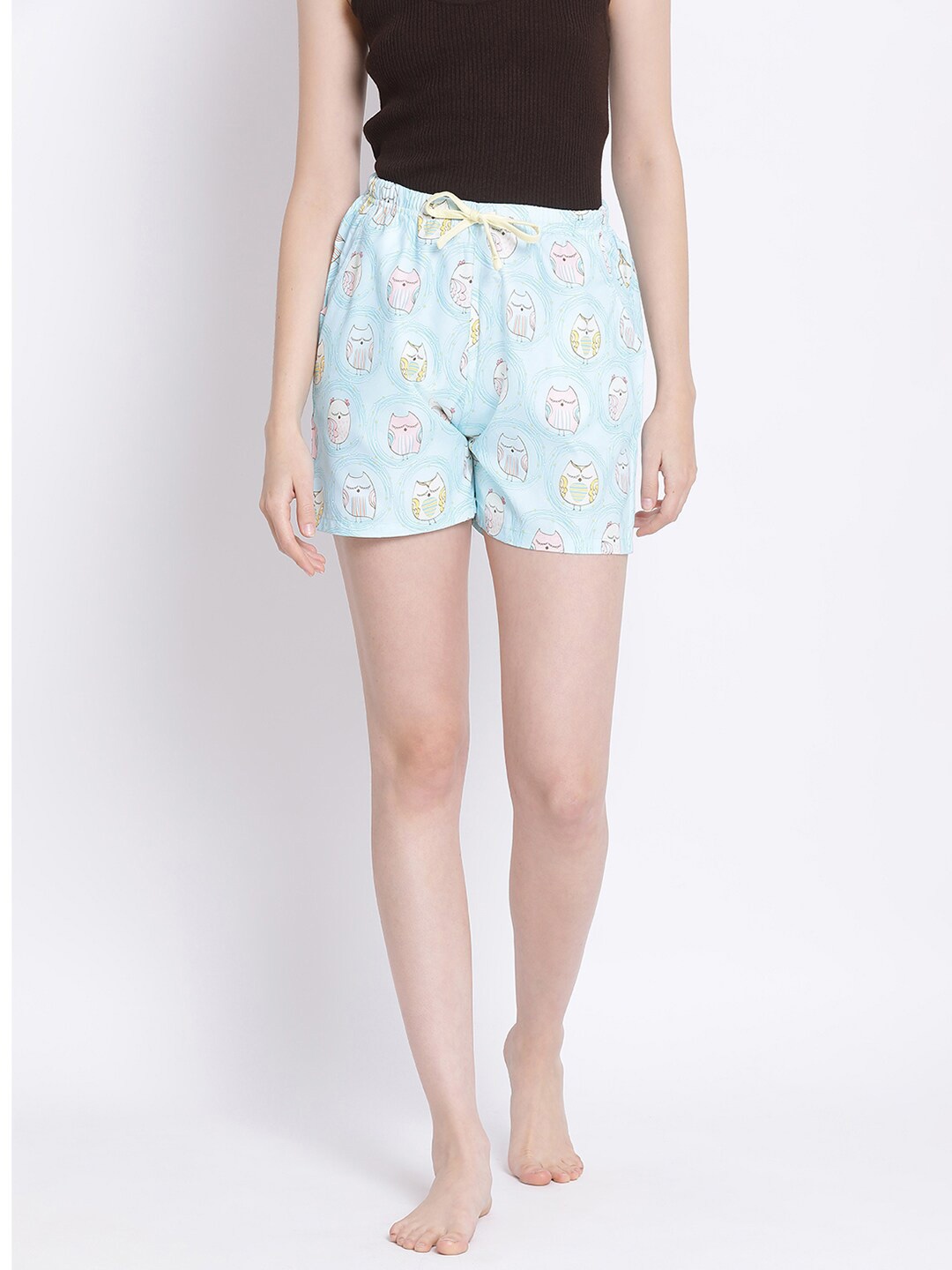 

Kanvin Women Blue Owls Printed Mid-Rise Lounge Shorts