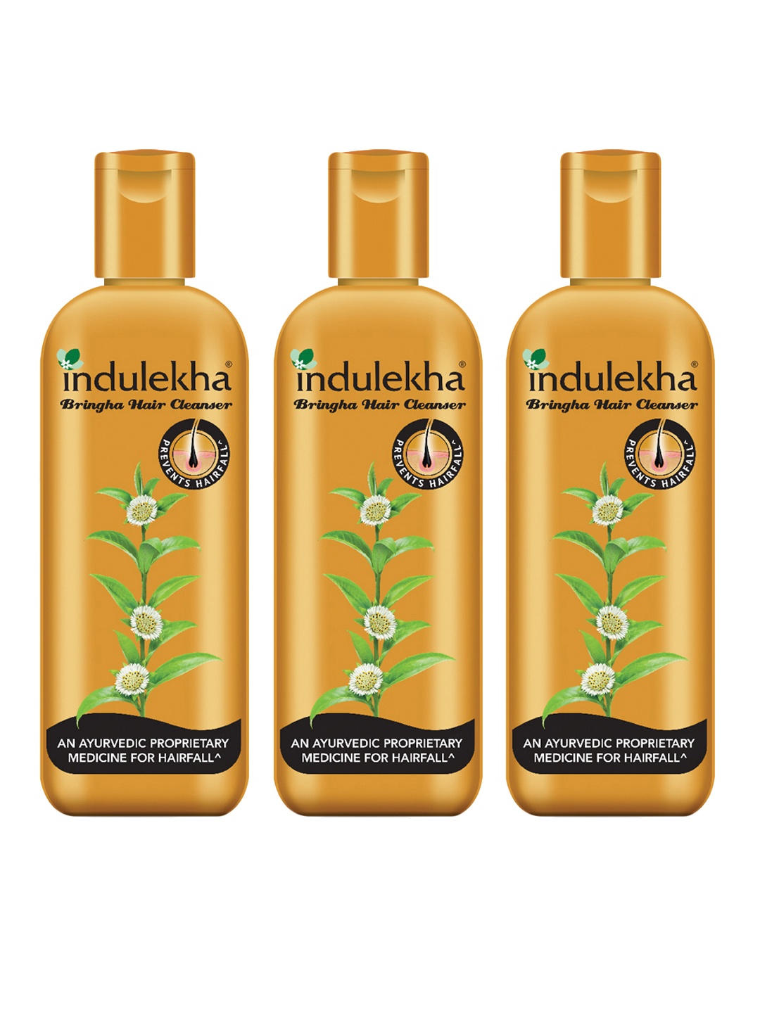 

Indulekha Set of 3 Bringha Anti-Hairfall Shampoos - 200 ml each, Gold